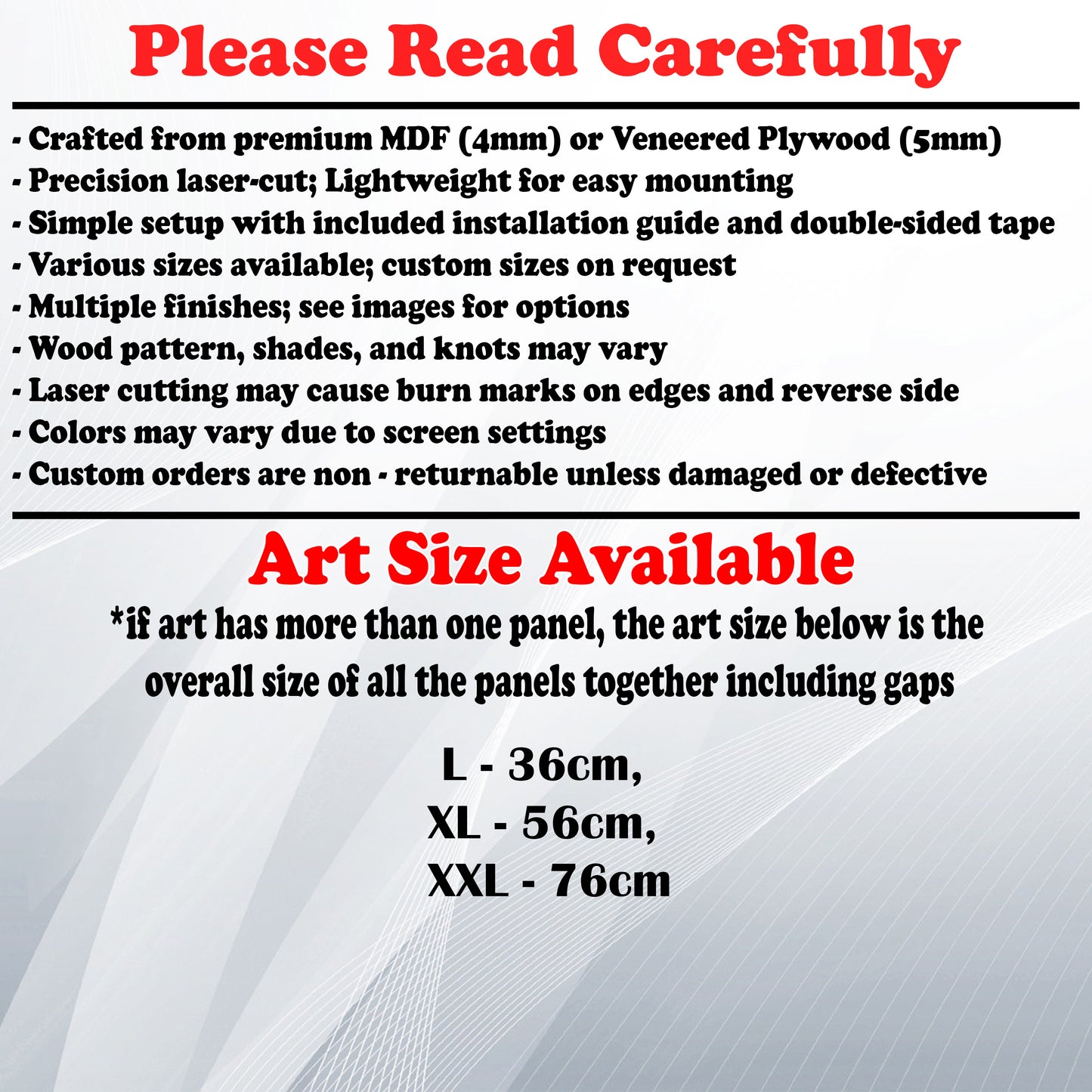 Wooden Art Size Guide and art details, Material, finish options, fittings.