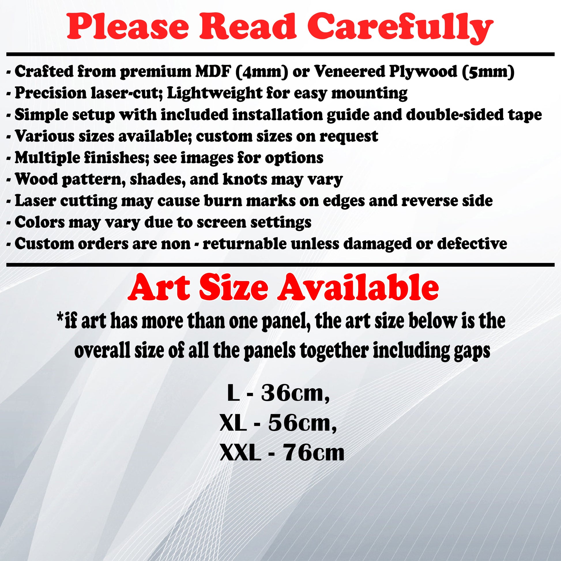 Wooden Art Size Guide and art details, Material, finish options, fittings.