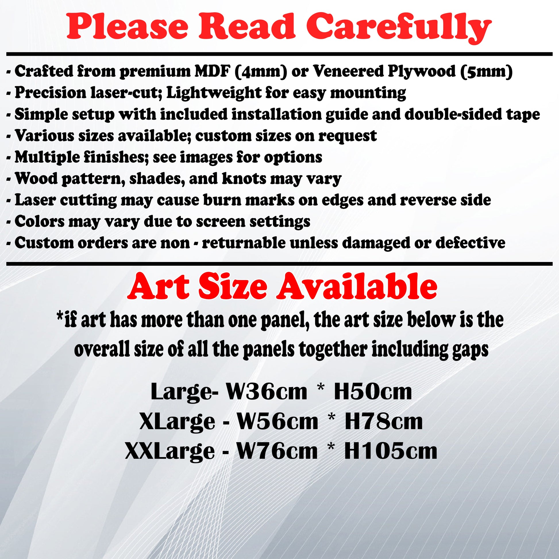 Wooden Art Size Guide and art details, Material, finish options, fittings.