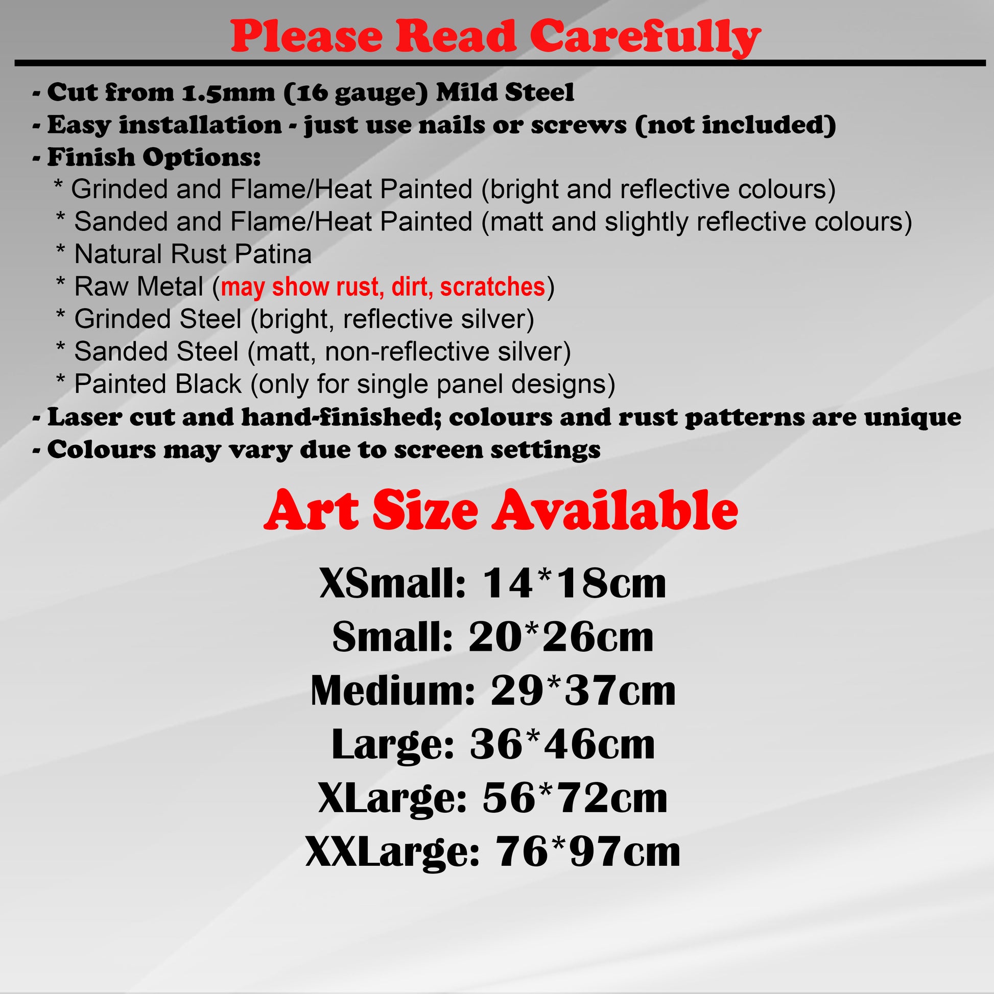Duke Craft - Metal Garden Art Size Guide and art details, Material, finish options, fittings explained.