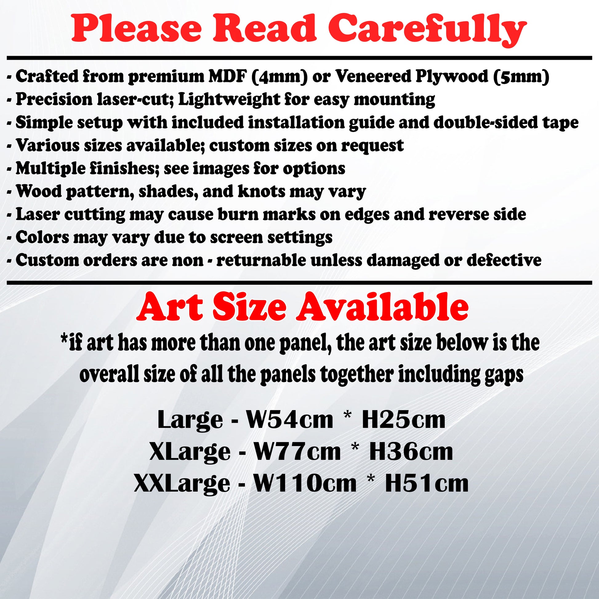 Wooden Art Size Guide and art details, Material, finish options, fittings.
