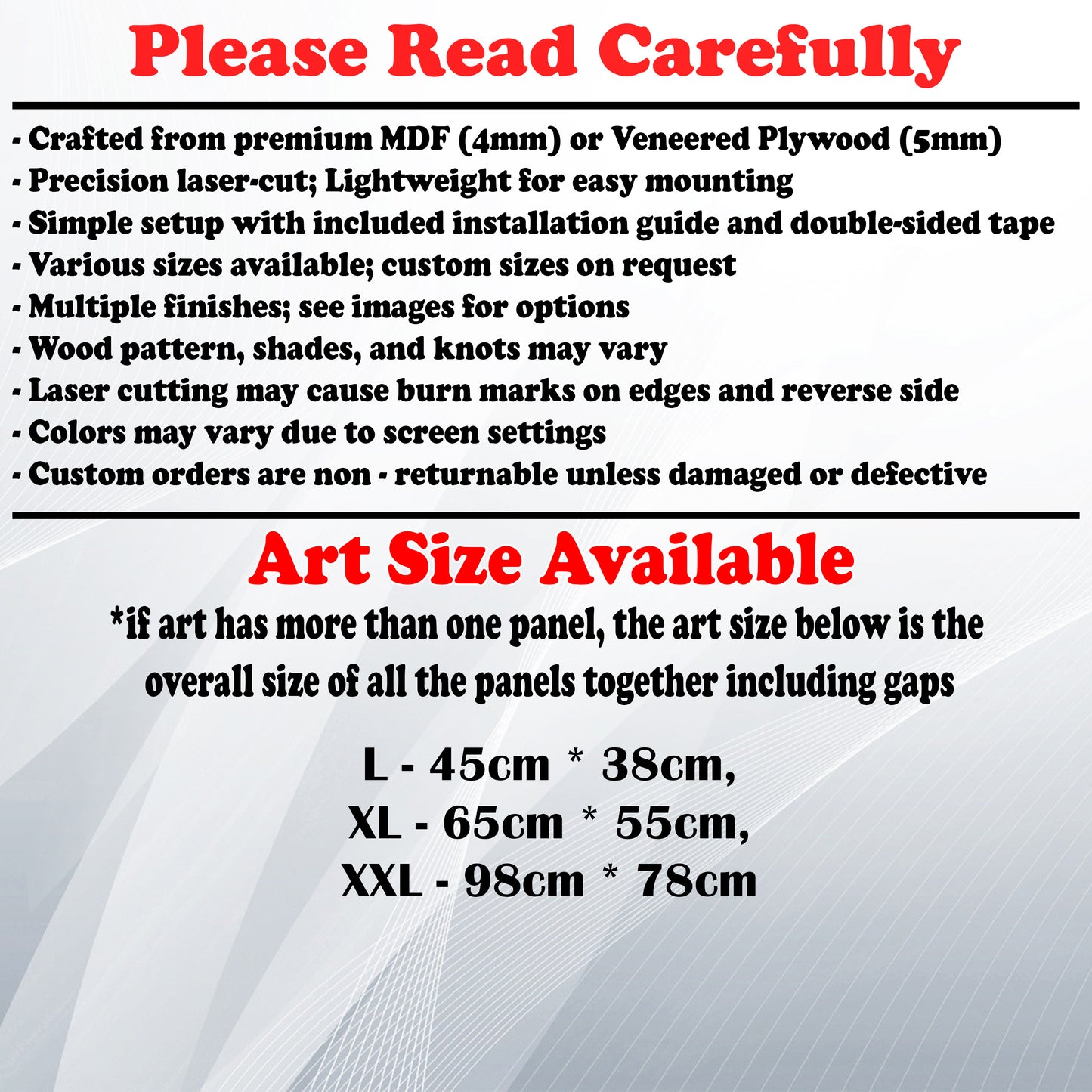 Wooden Art Size Guide and art details, Material, finish options, fittings.