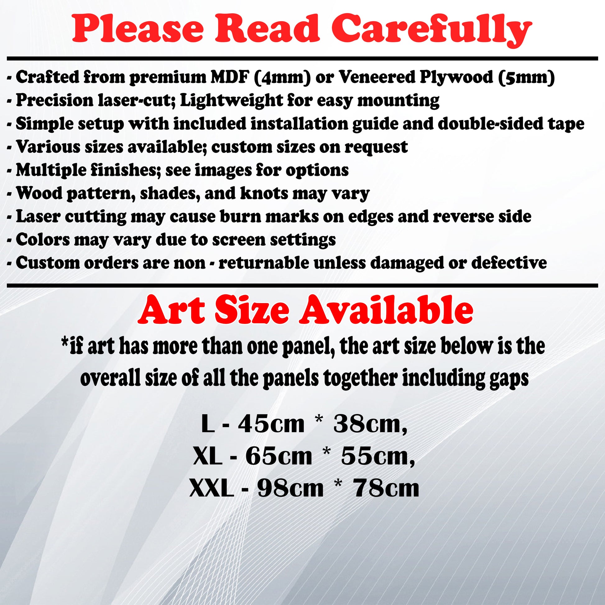 Wooden Art Size Guide and art details, Material, finish options, fittings.