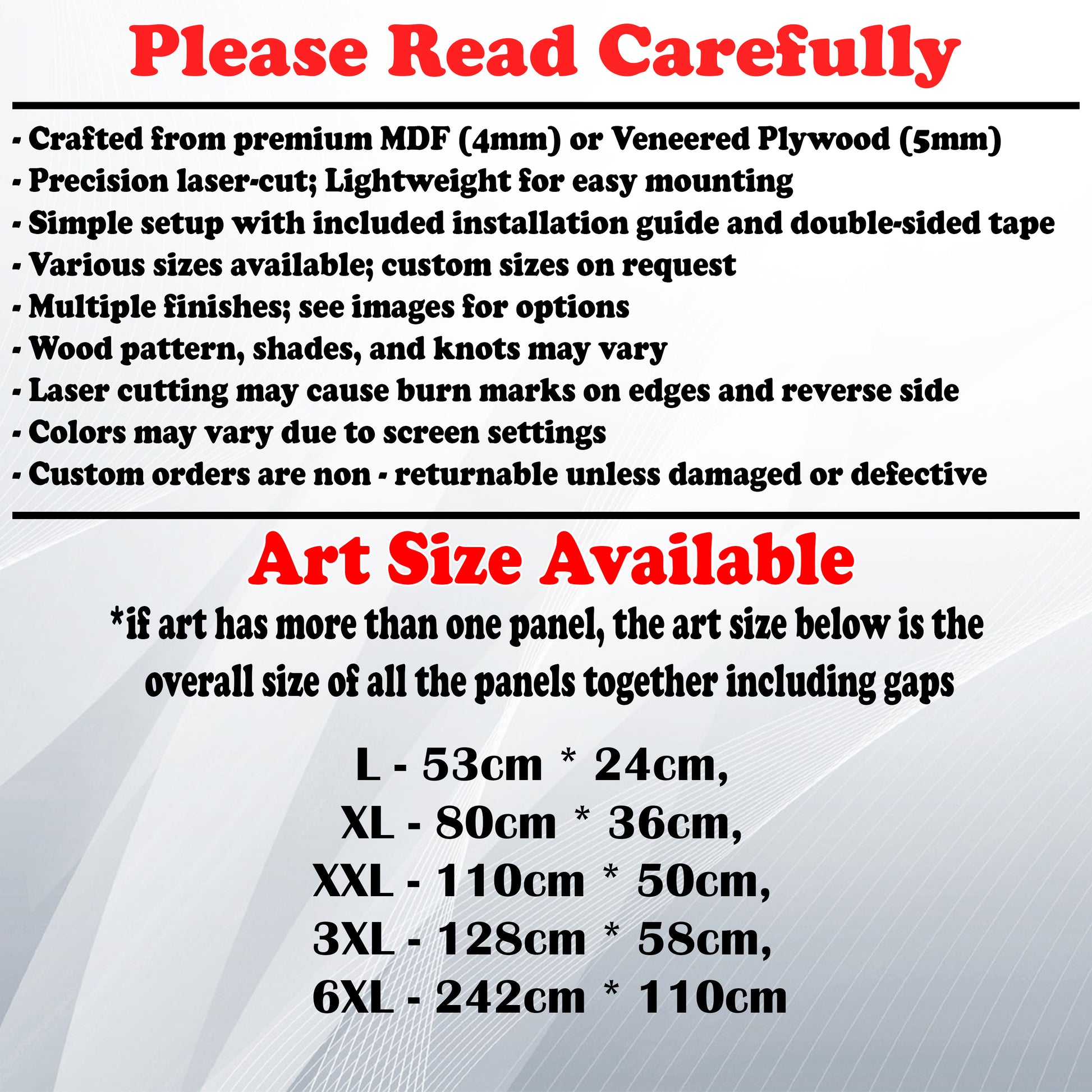 Wooden Art Size Guide and art details, Material, finish options, fittings.