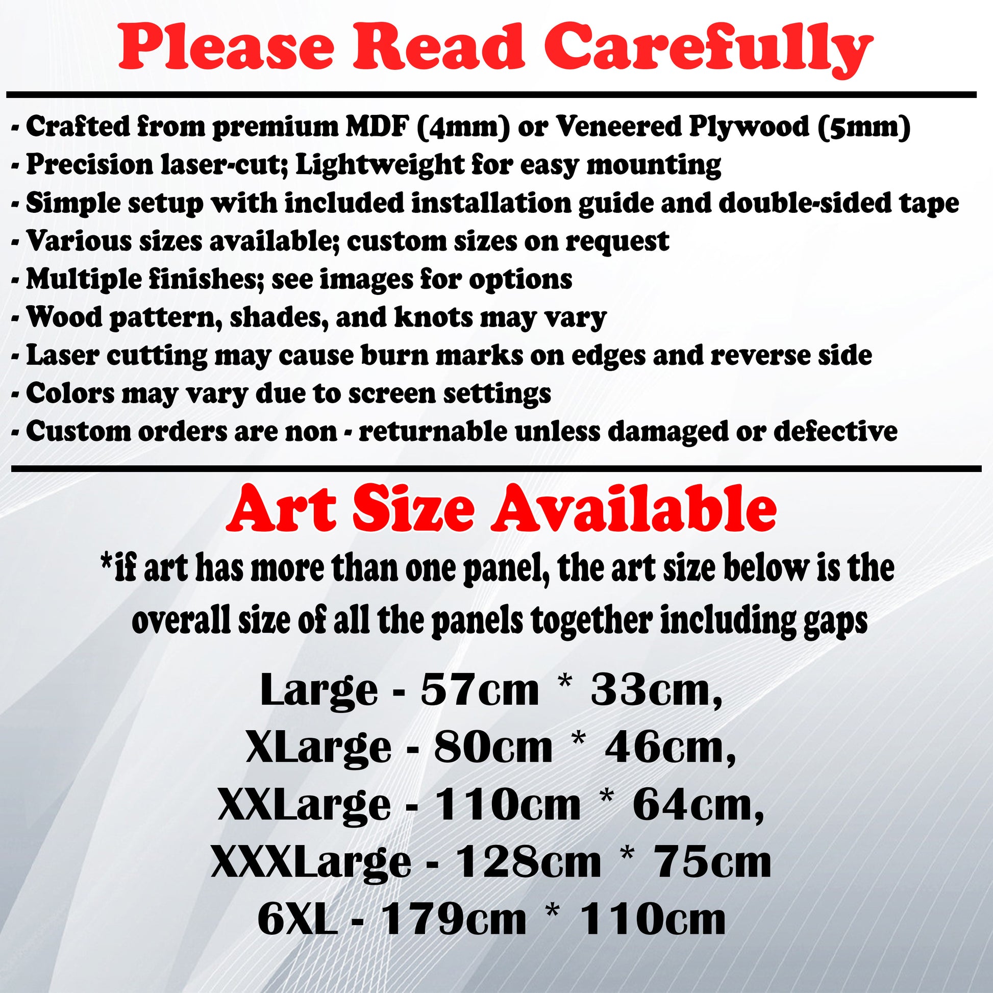 Wooden Art Size Guide and art details, Material, finish options, fittings.