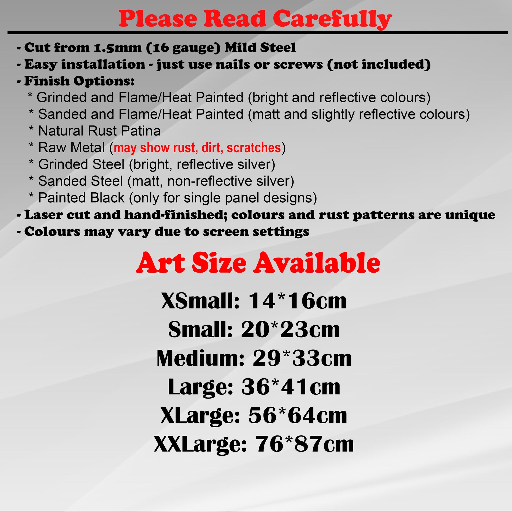 Duke Craft - Metal Garden Art Size Guide and art details, Material, finish options, fittings explained.