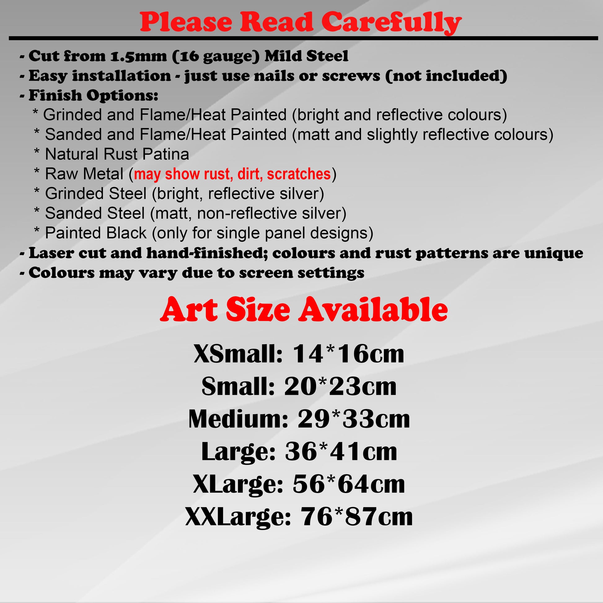 Duke Craft - Metal Garden Art Size Guide and art details, Material, finish options, fittings explained.