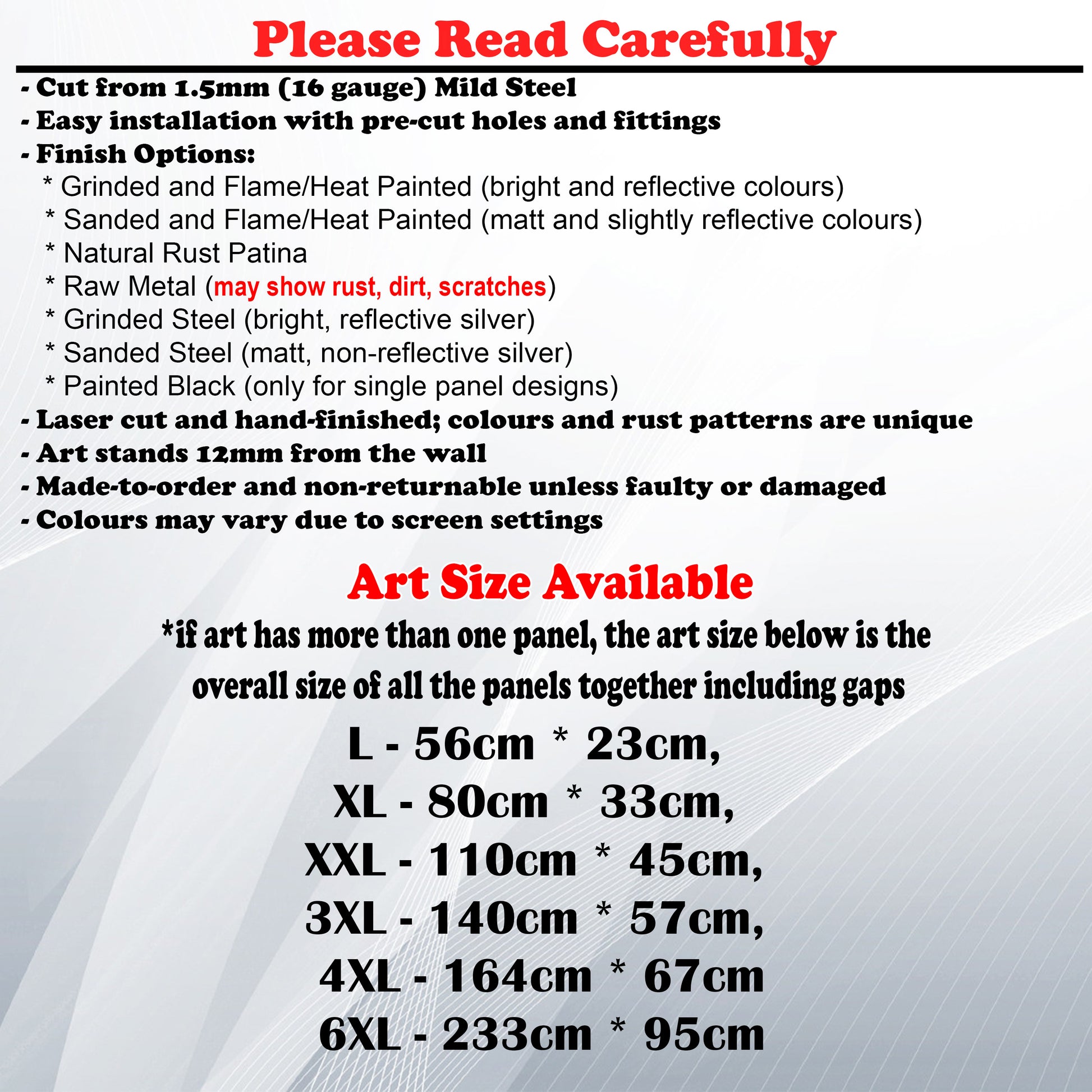 Metal Art Size Guide and art details like Material, finish options, fittings