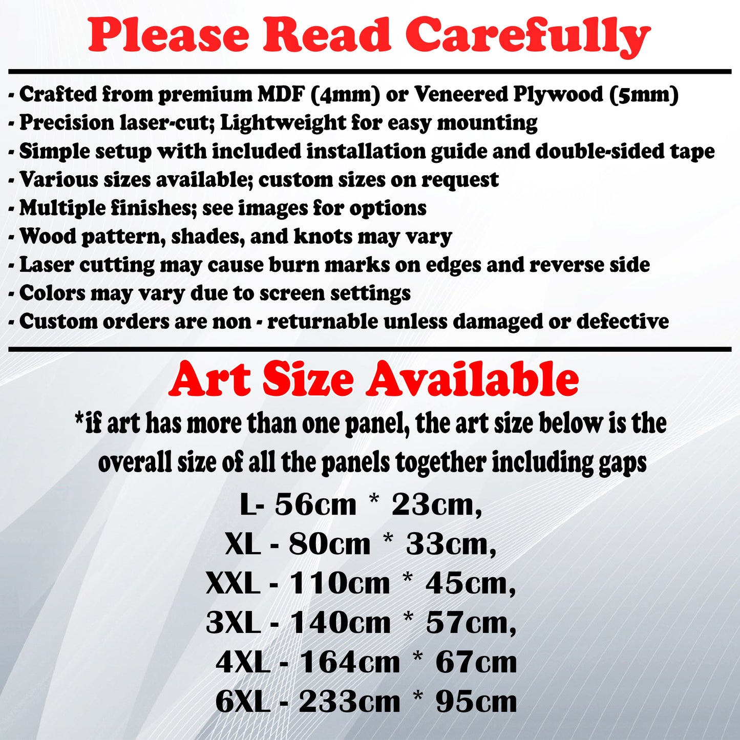 Wooden Art Size Guide and art details, Material, finish options, fittings.