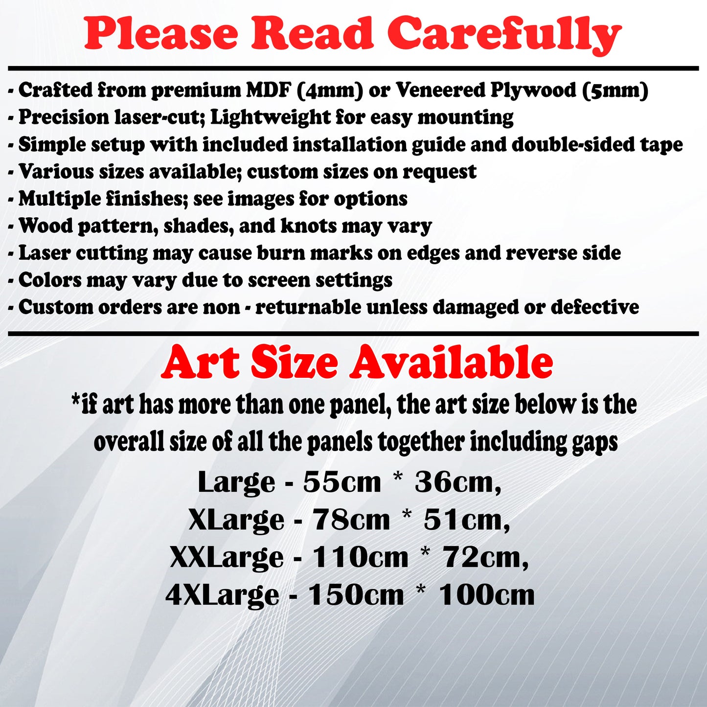 Wooden Art Size Guide and art details, Material, finish options, fittings.