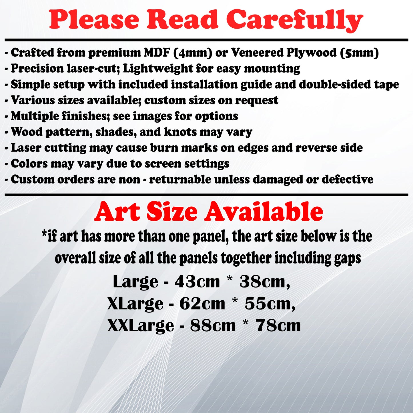 Wooden Art Size Guide and art details, Material, finish options, fittings.