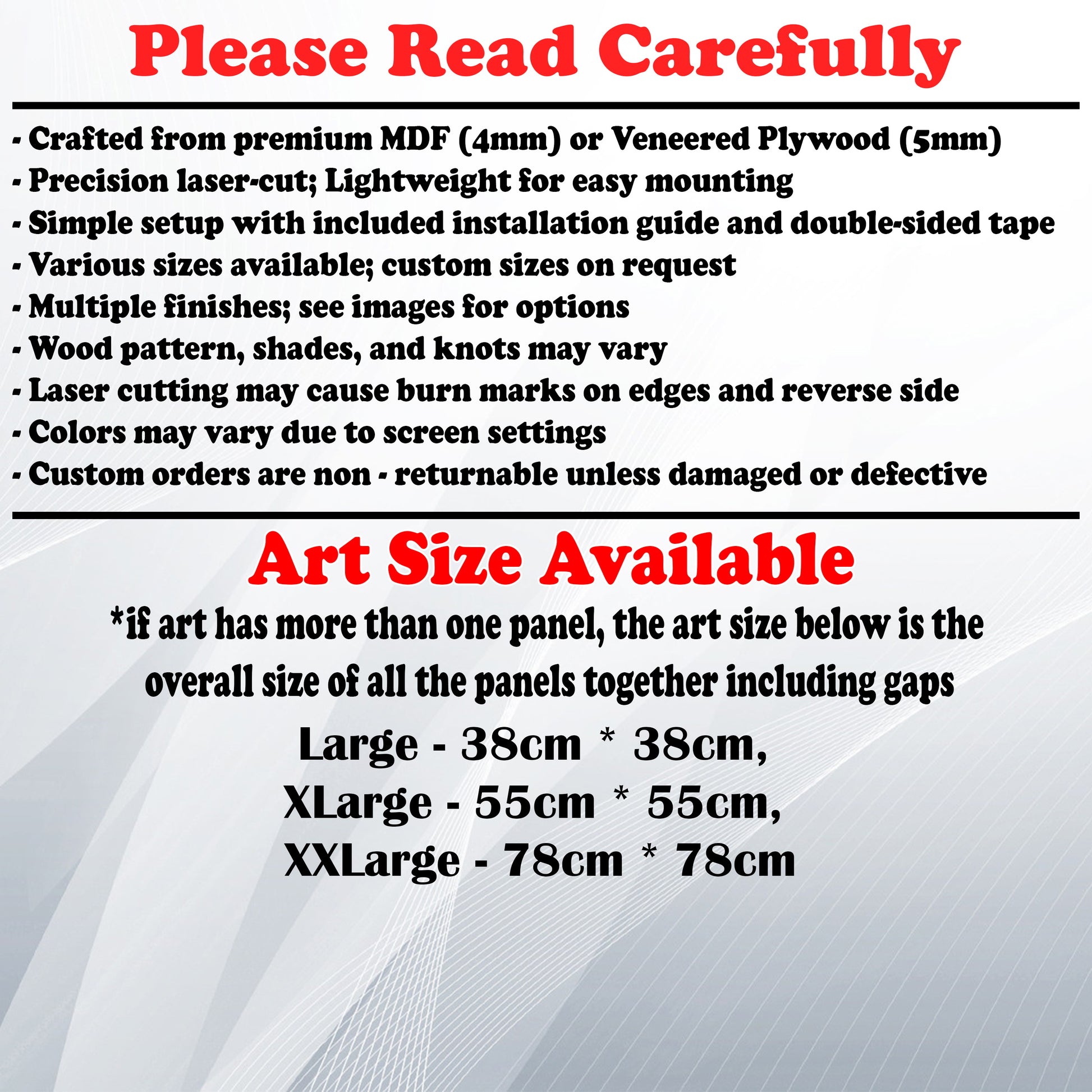 Wooden Art Size Guide and art details, Material, finish options, fittings.