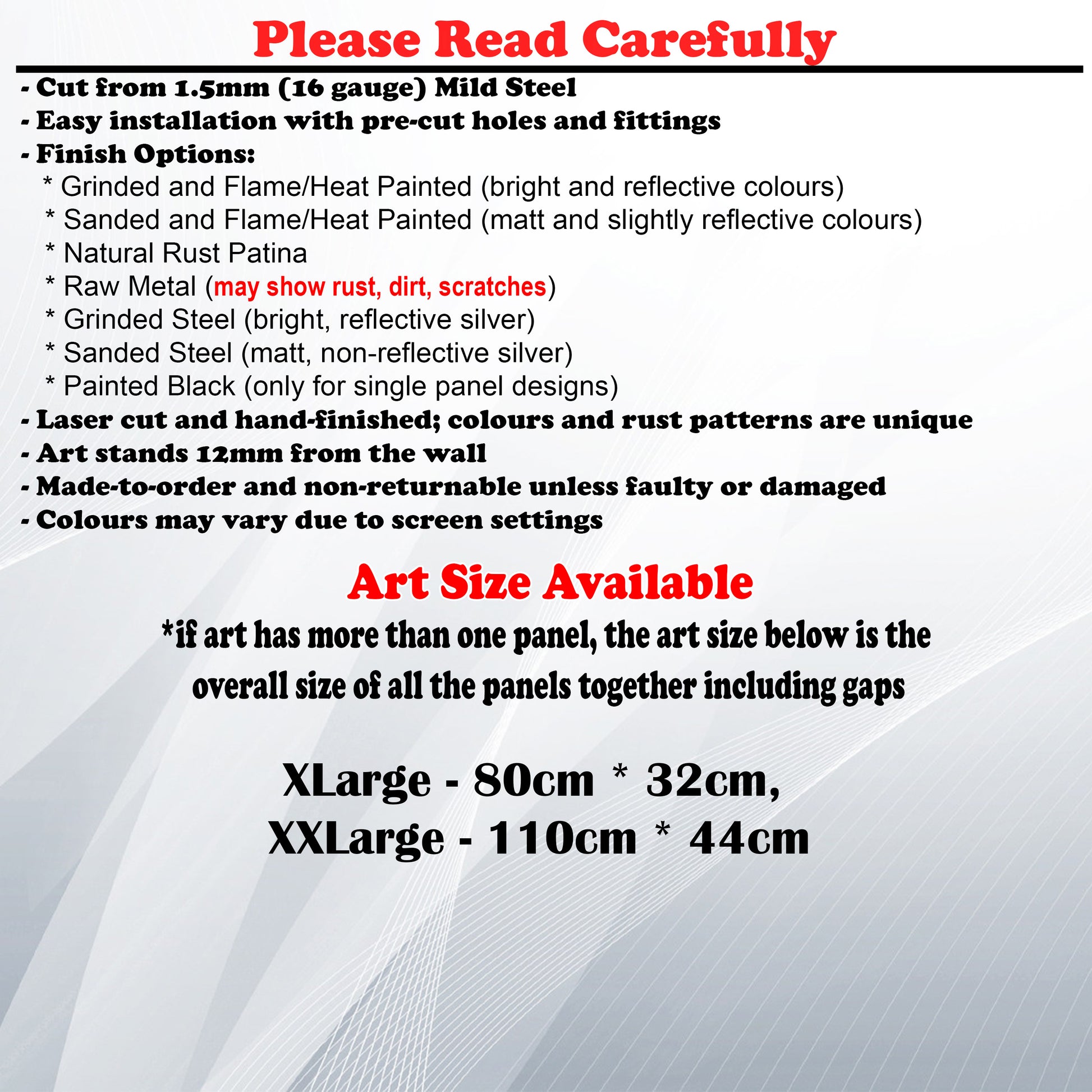 Metal Art Size Guide and art details like Material, finish options, fittings