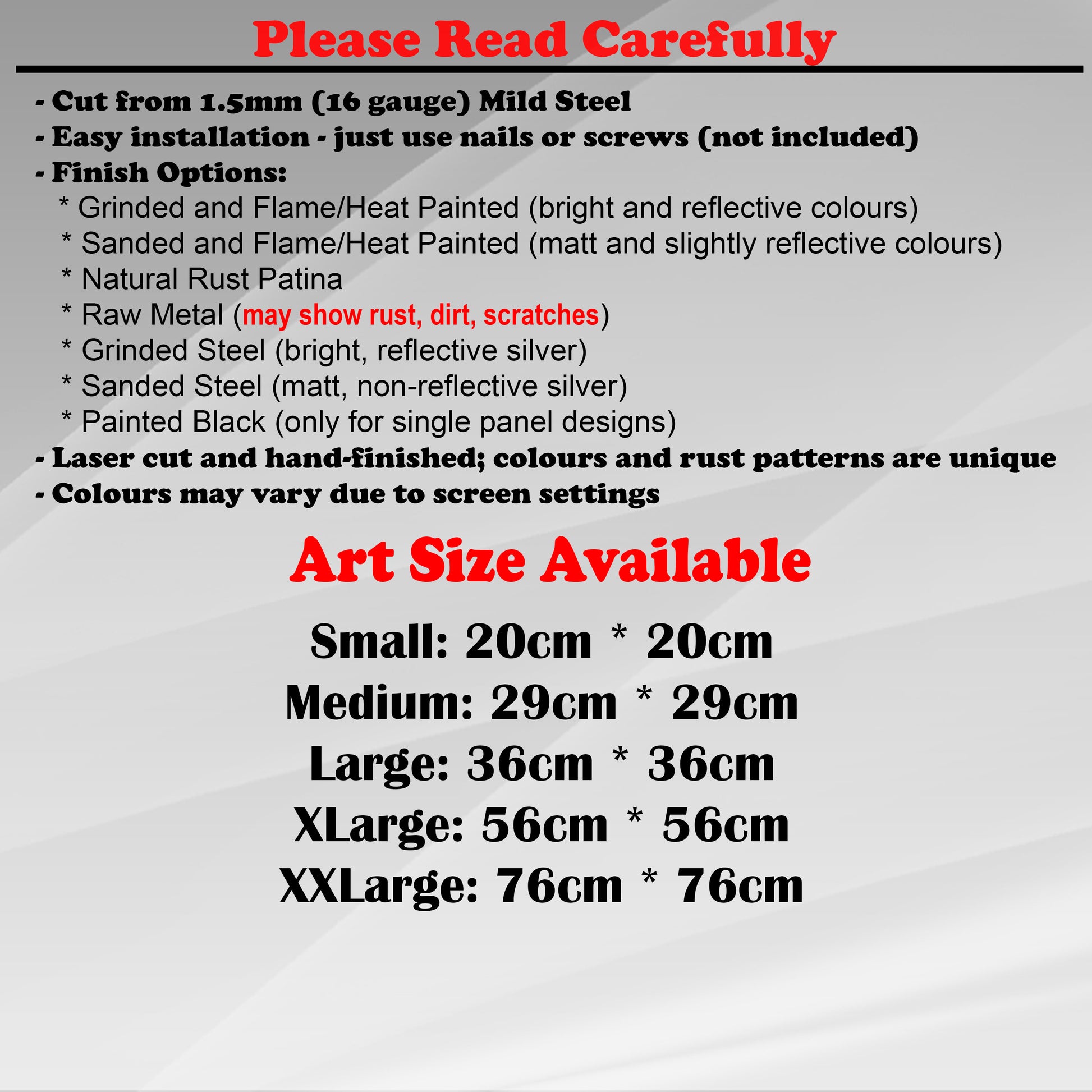 Duke Craft - Metal Garden Art Size Guide and art details, Material, finish options, fittings explained.