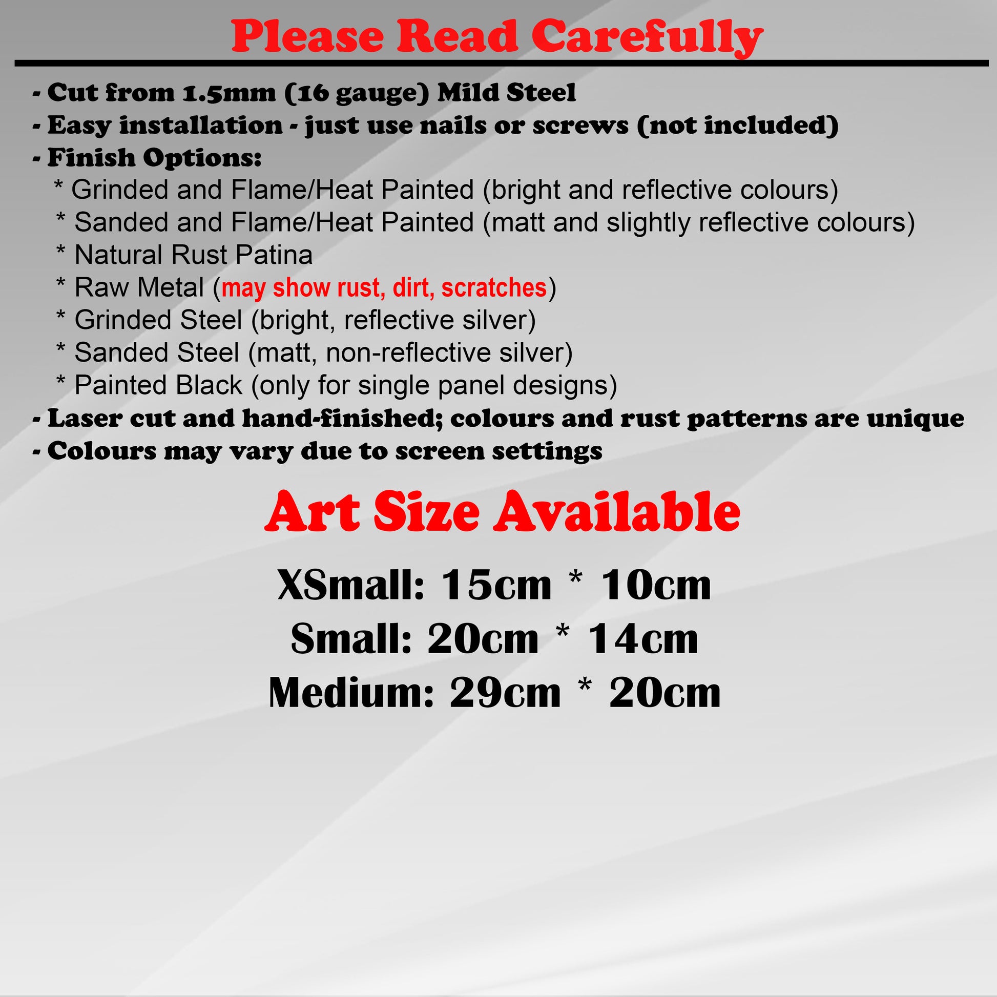 Duke Craft - Metal Garden Art Size Guide and art details, Material, finish options, fittings explained.