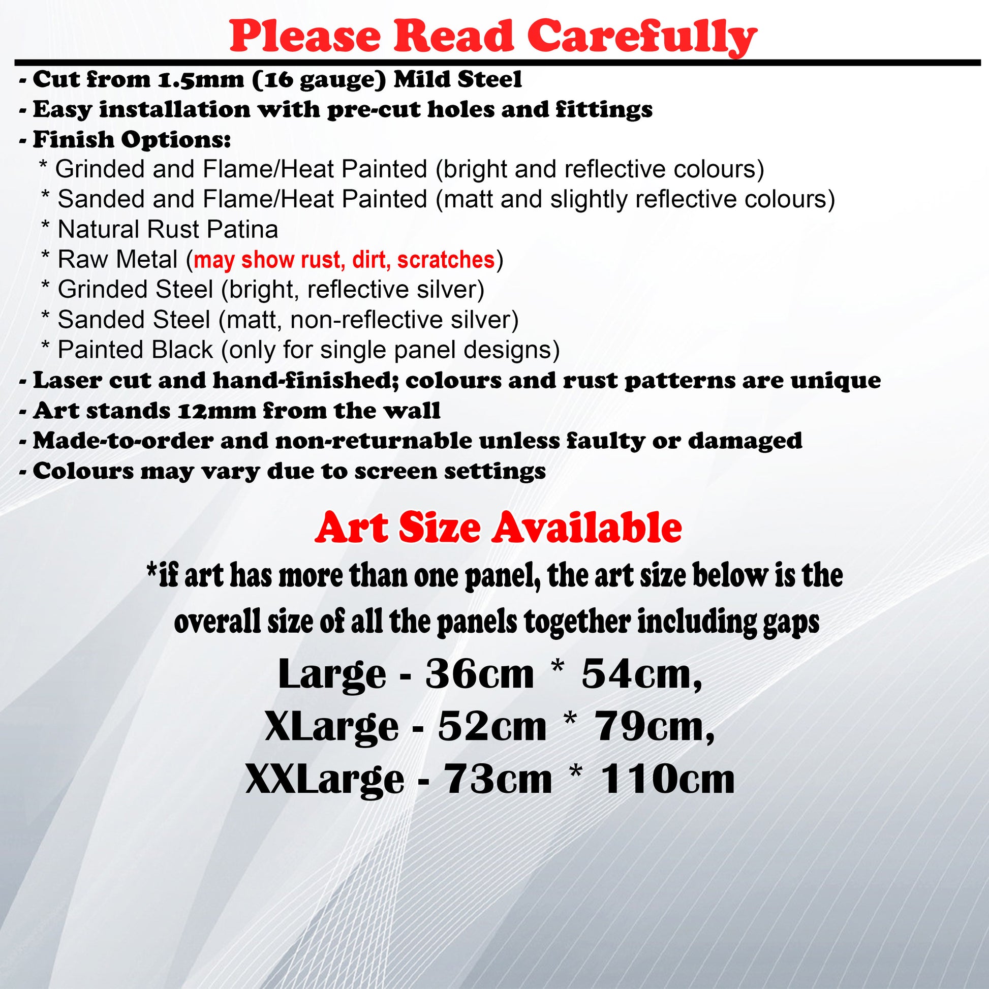 Metal Art Size Guide and art details like Material, finish options, fittings