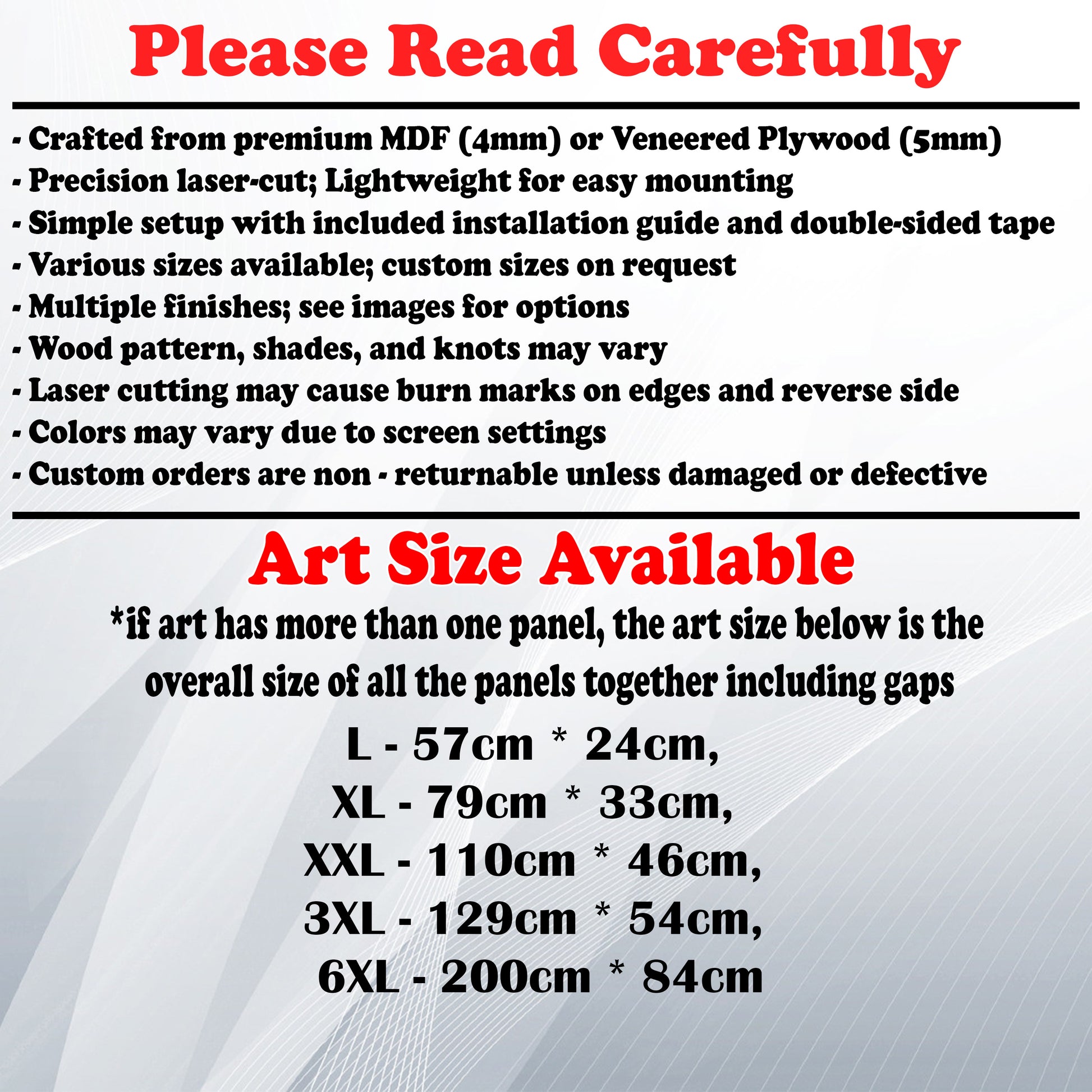 Wooden Art Size Guide and art details, Material, finish options, fittings.
