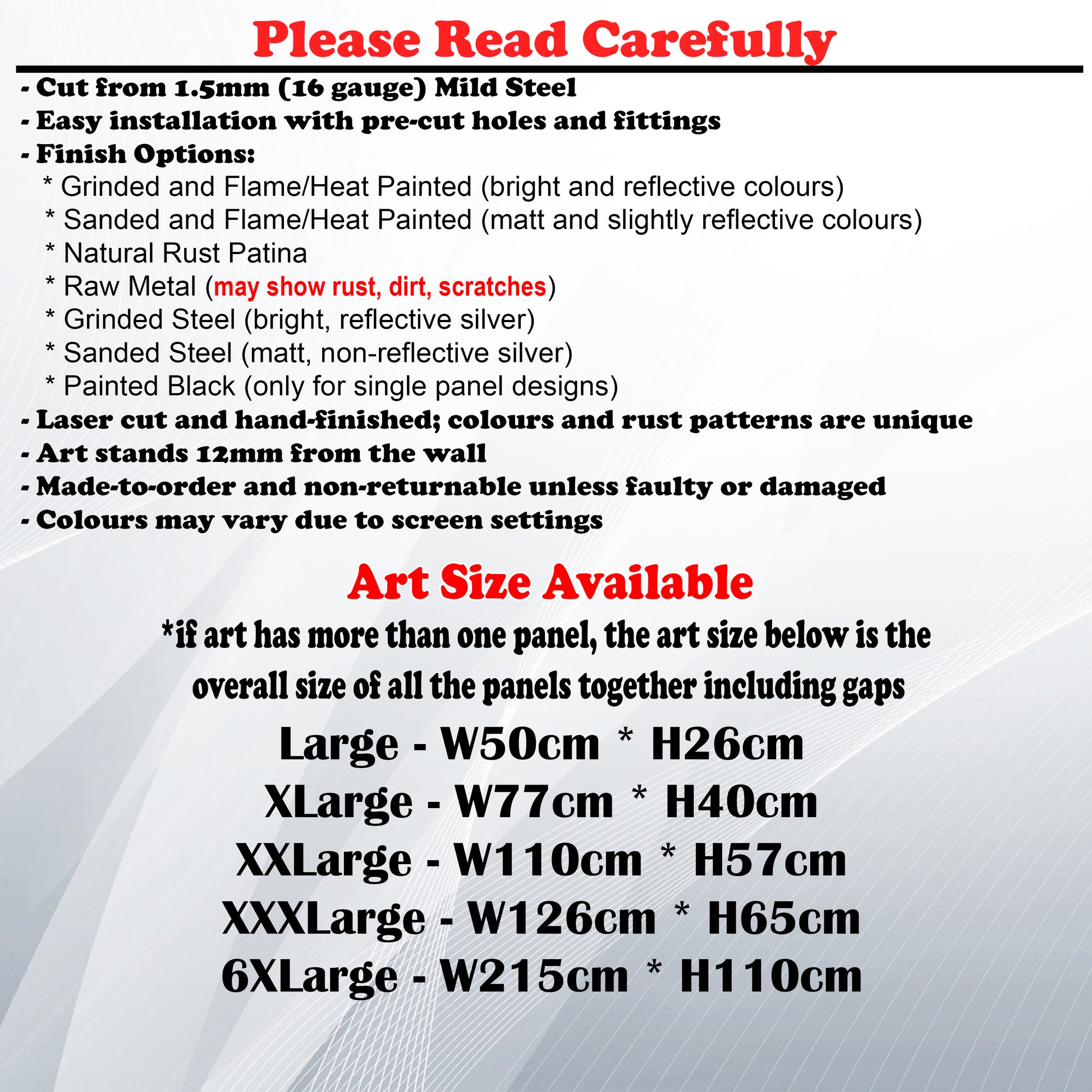 Metal Art Size Guide and art details like Material, finish options, fittings