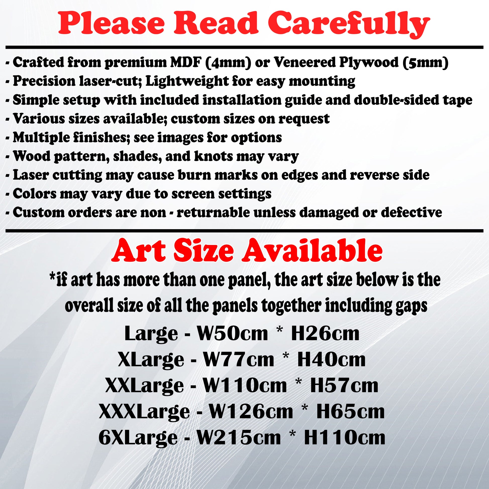 Wooden Art Size Guide and art details, Material, finish options, fittings.