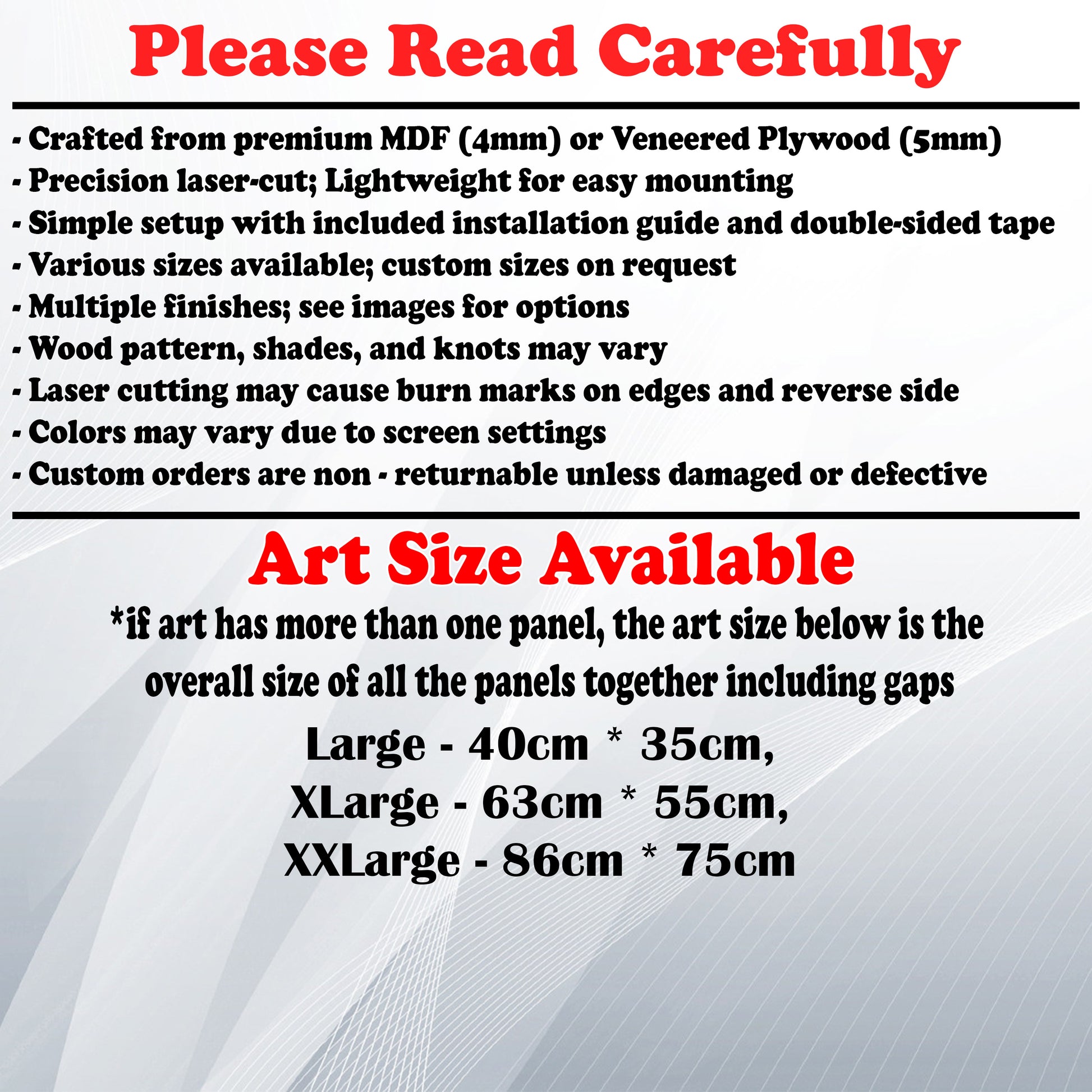 Wooden Art Size Guide and art details, Material, finish options, fittings.