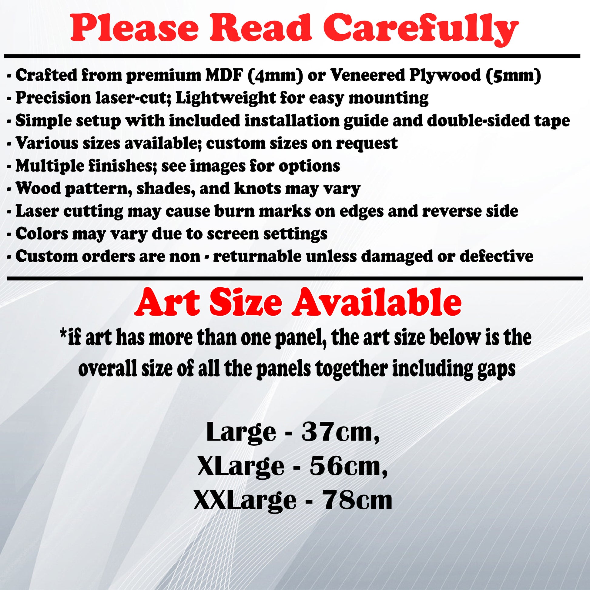 Wooden Art Size Guide and art details, Material, finish options, fittings.