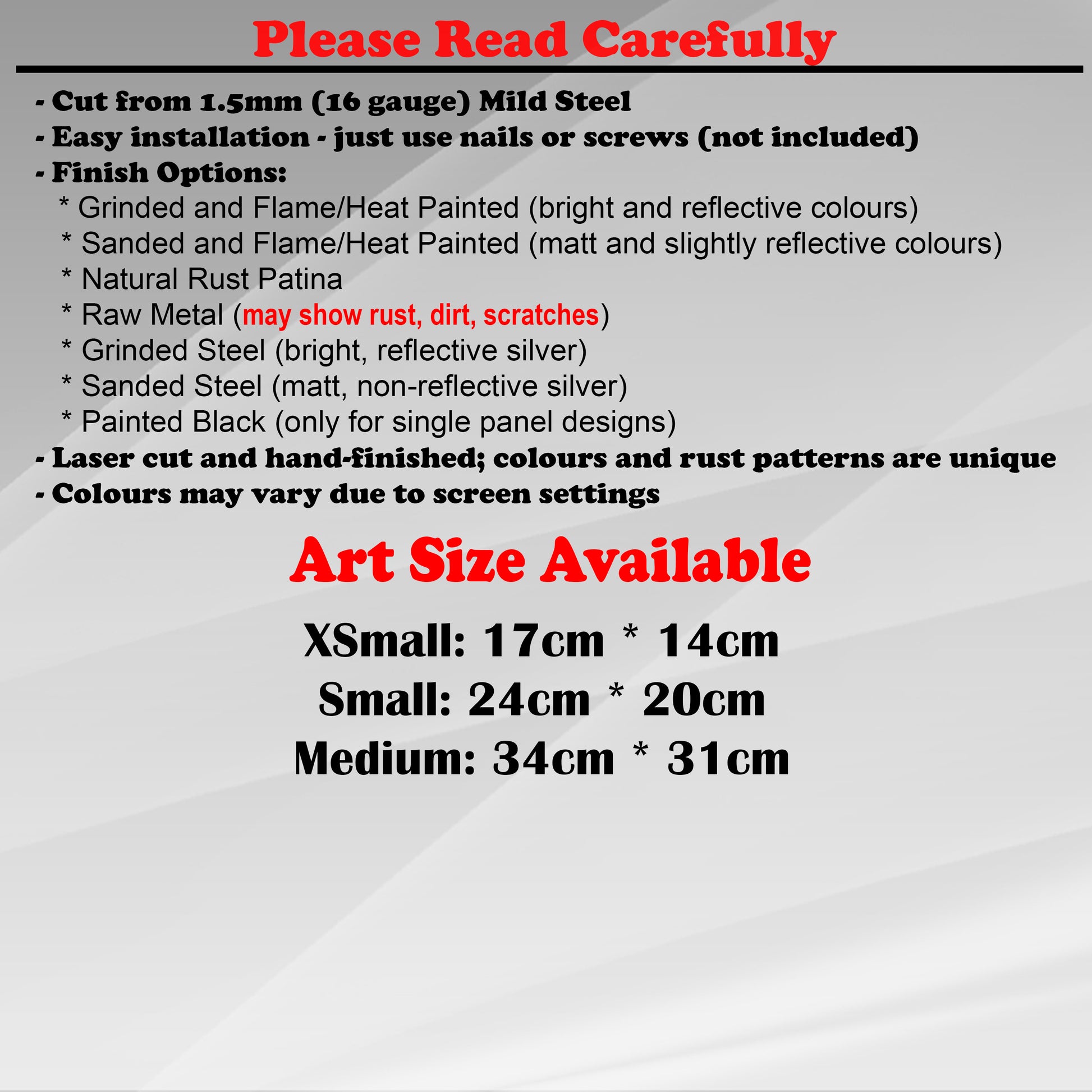 Duke Craft - Metal Garden Art Size Guide and art details, Material, finish options, fittings explained.