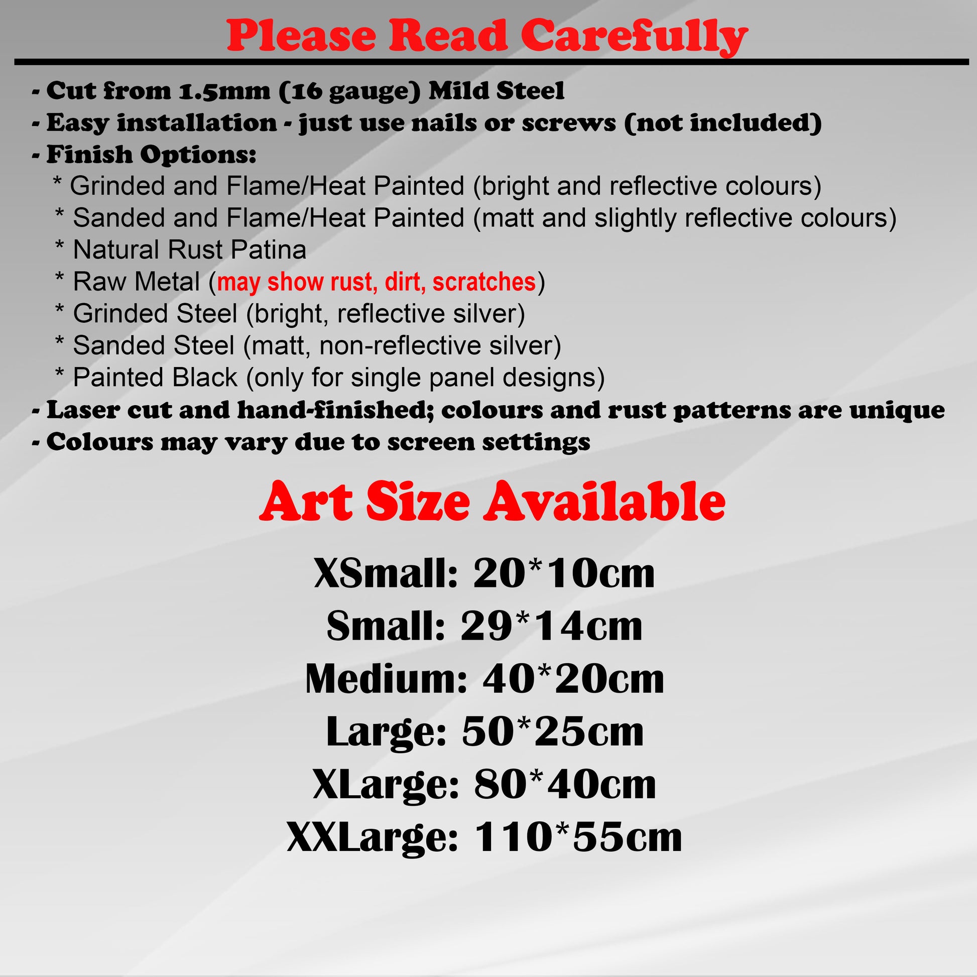 Duke Craft - Metal Garden Art Size Guide and art details, Material, finish options, fittings explained.