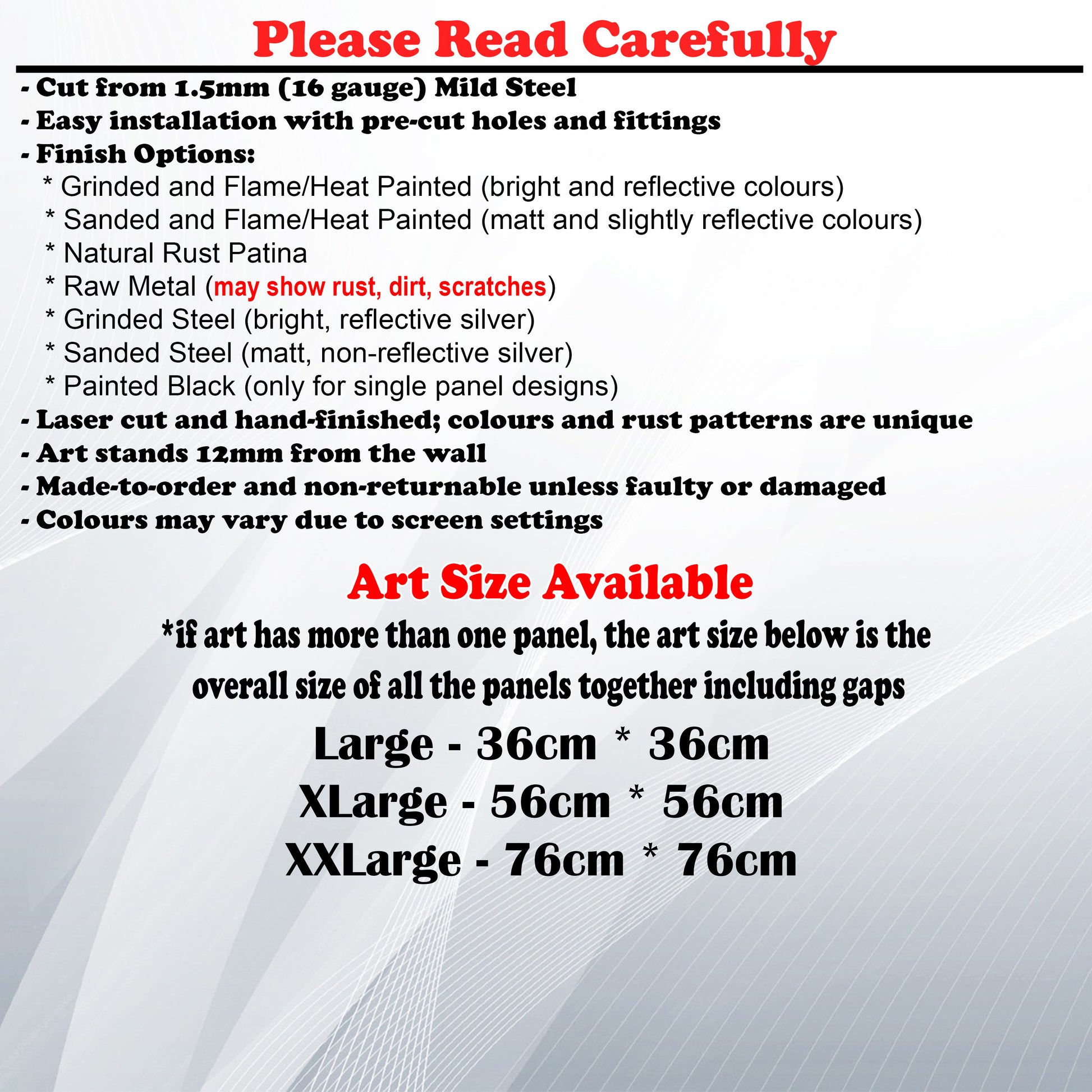 Metal Art Size Guide and art details like Material, finish options, fittings