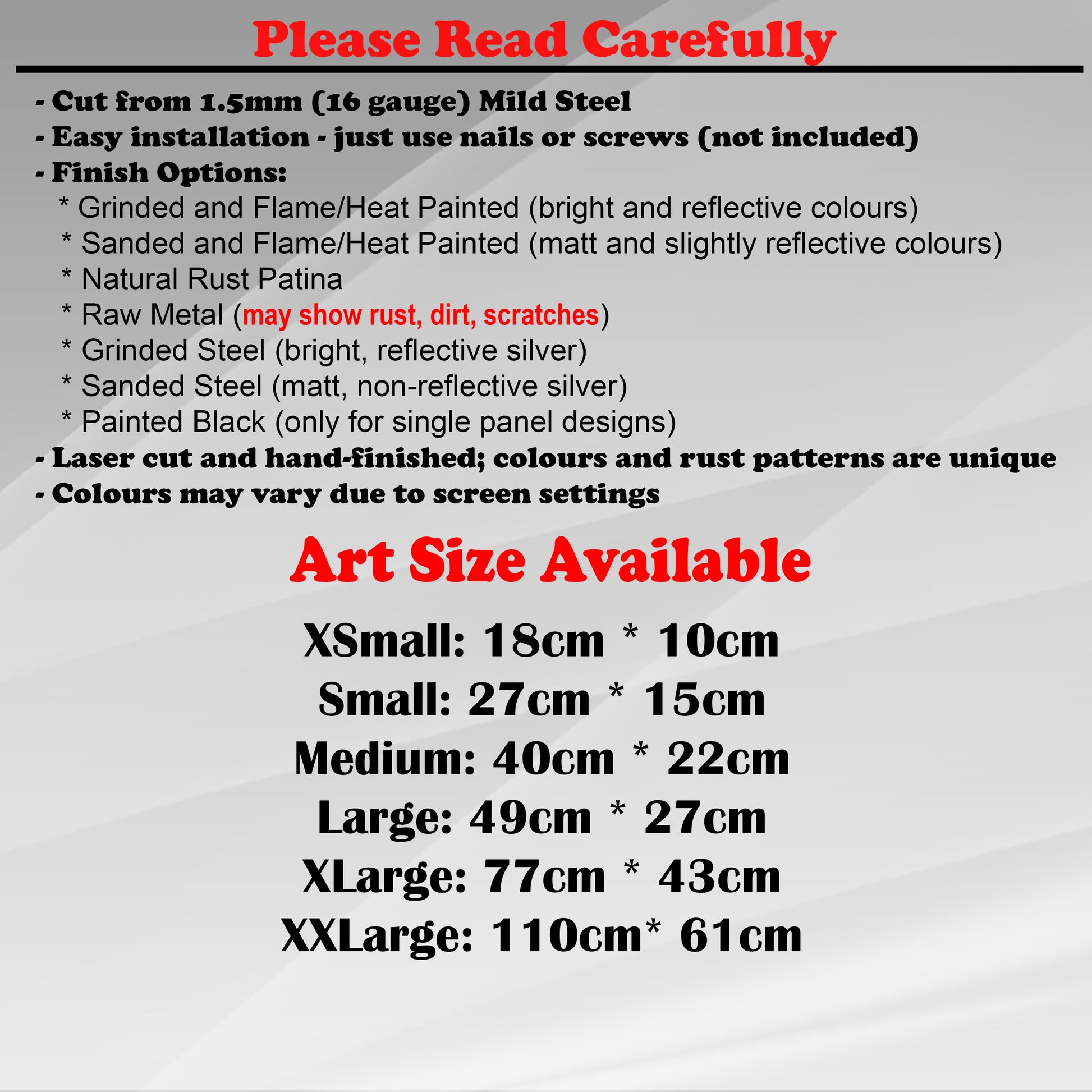 Duke Craft - Metal Garden Art Size Guide and art details, Material, finish options, fittings explained.