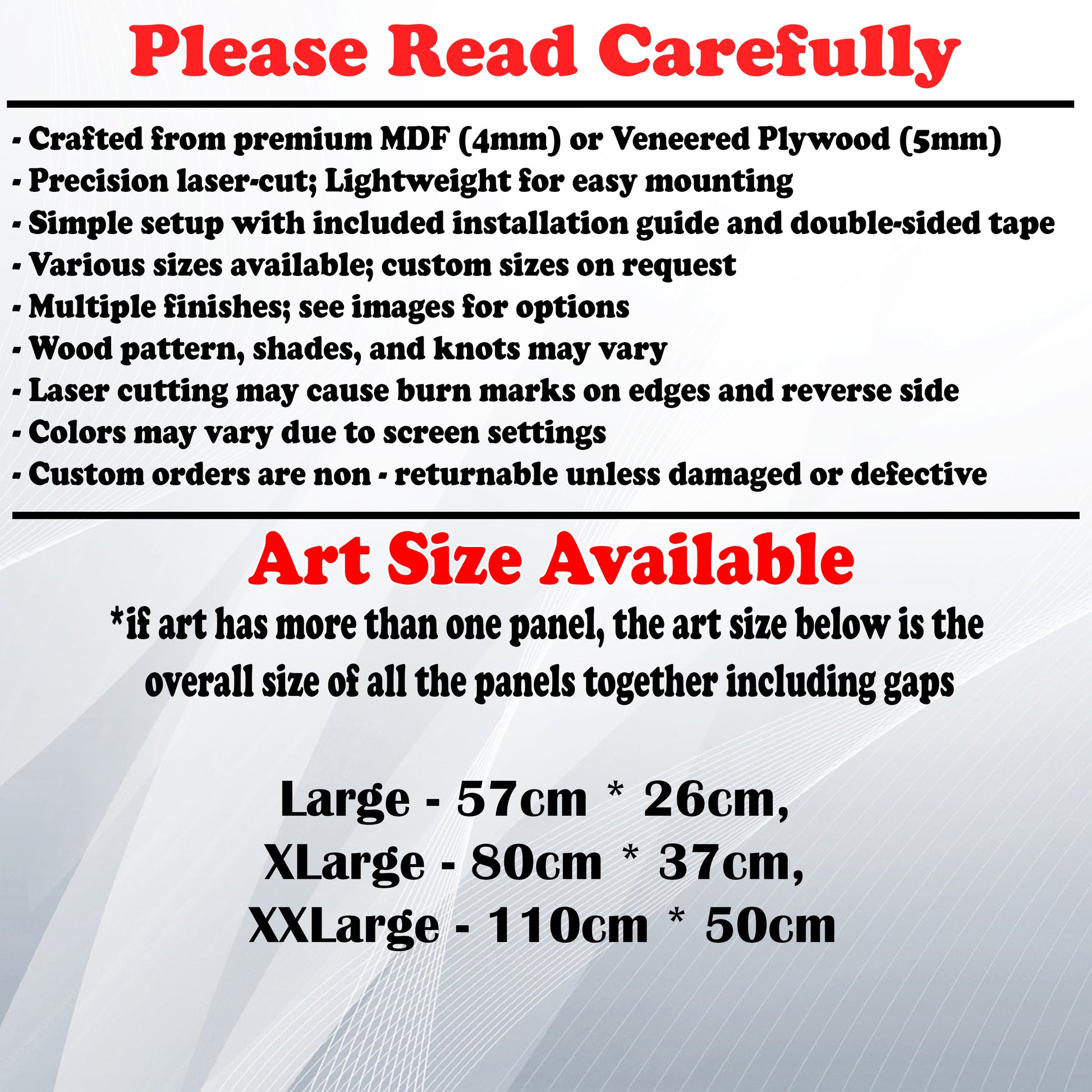 Wooden Art Size Guide and art details, Material, finish options, fittings.