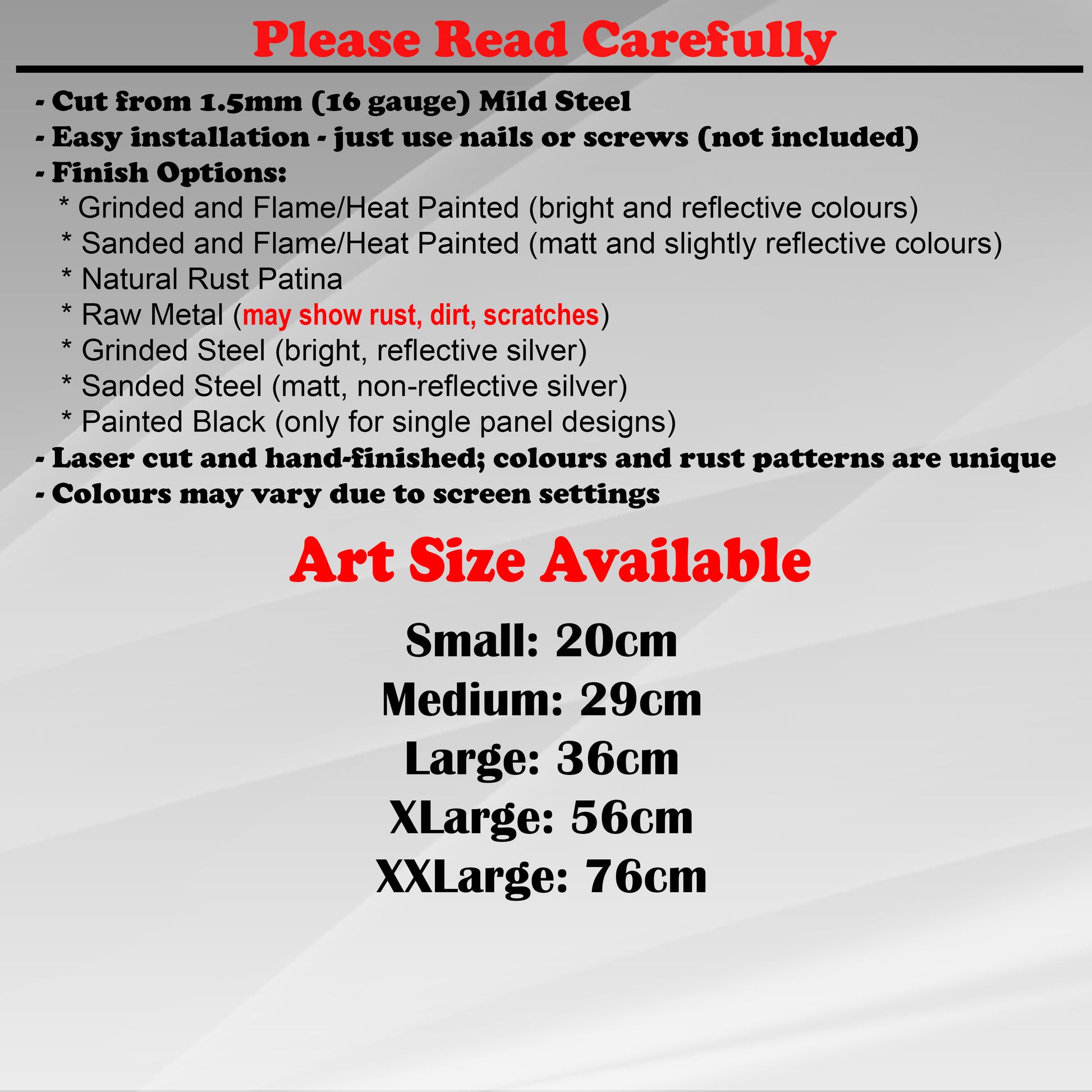 Duke Craft - Metal Garden Art Size Guide and art details, Material, finish options, fittings explained.