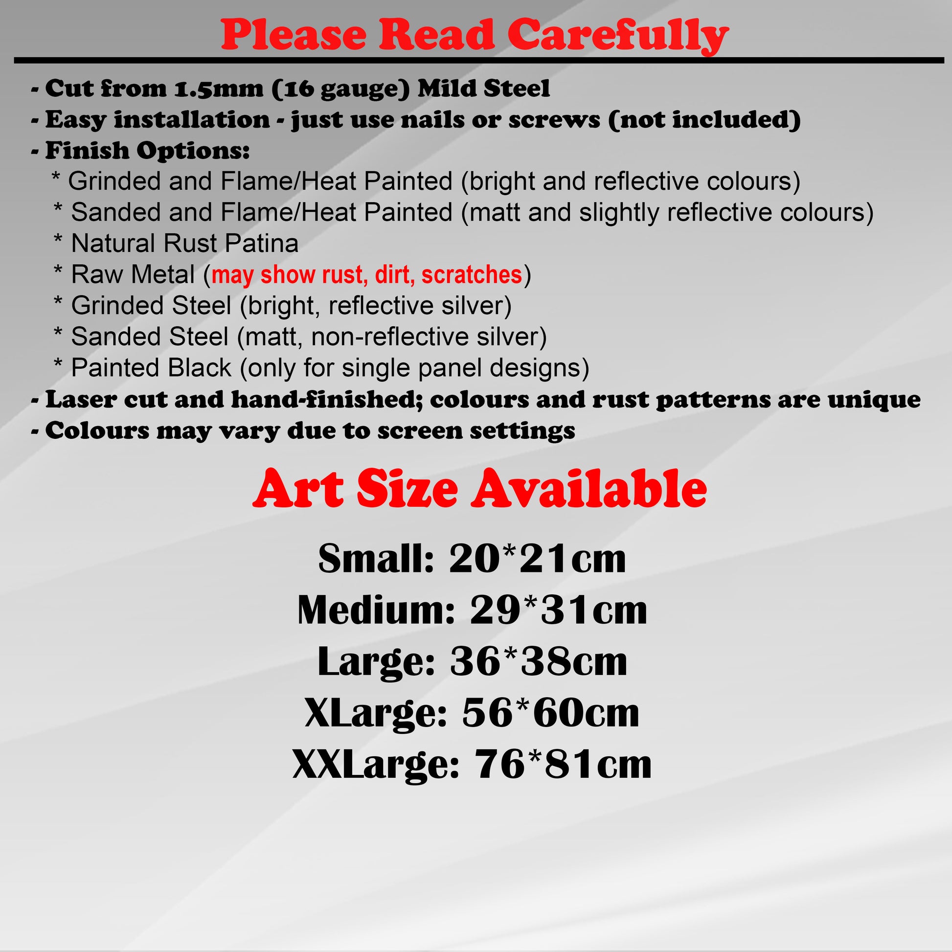 Duke Craft - Metal Garden Art Size Guide and art details, Material, finish options, fittings explained.
