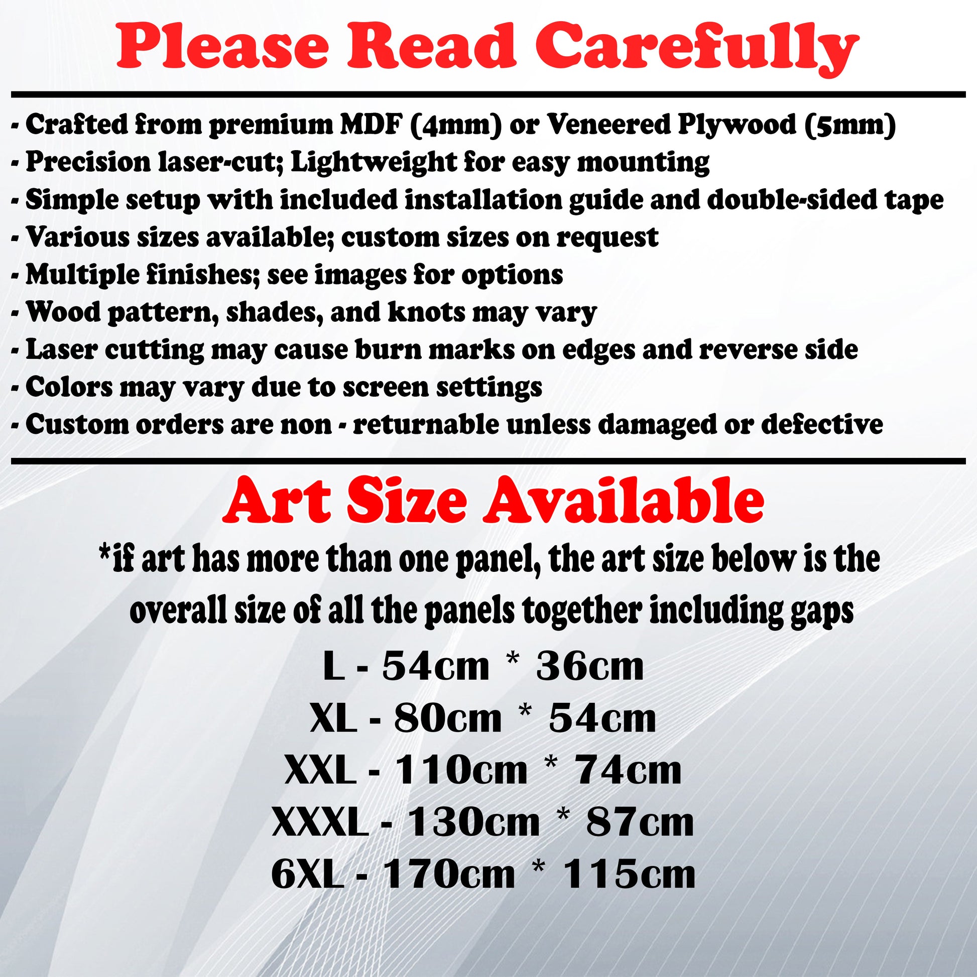 Wooden Art Size Guide and art details, Material, finish options, fittings.