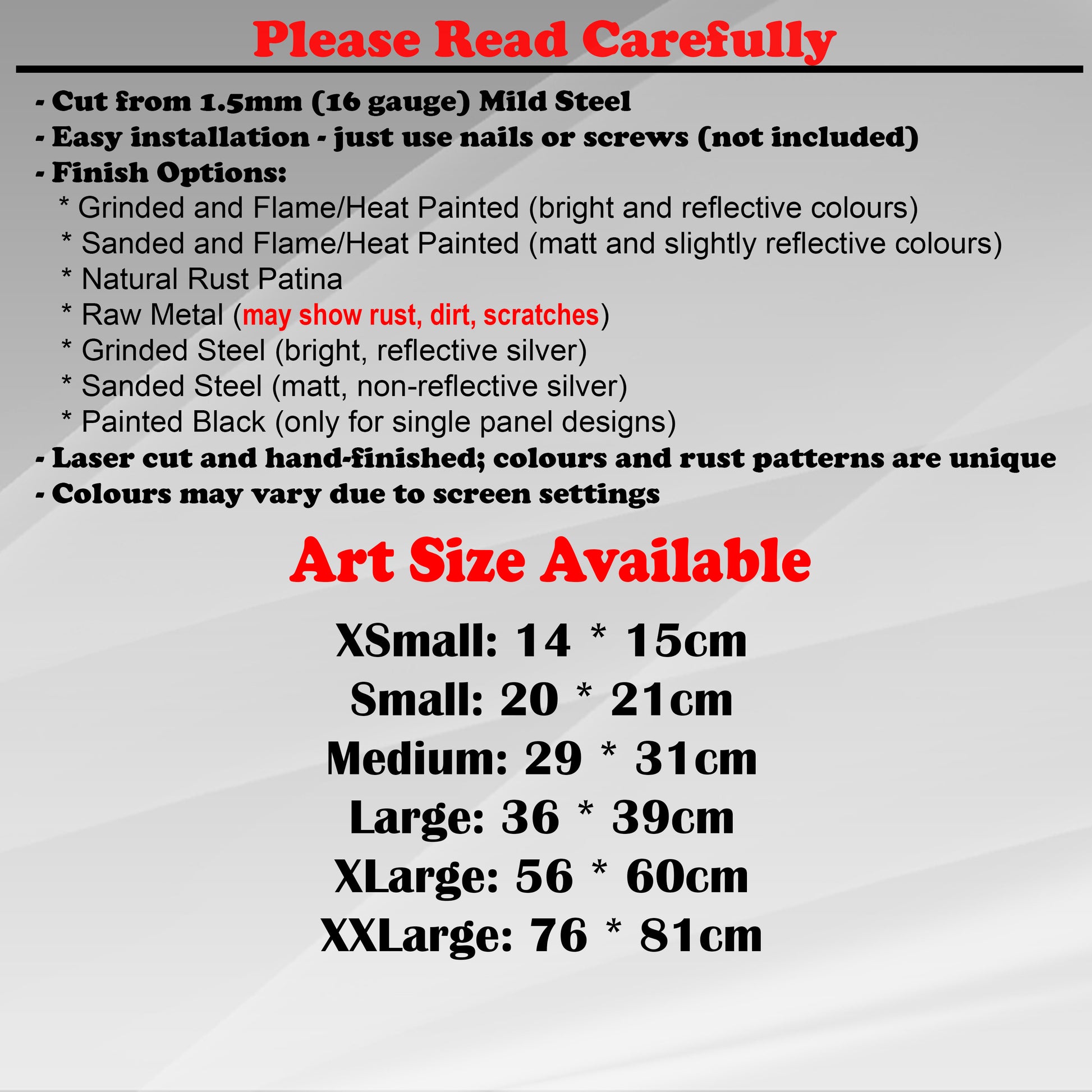 Duke Craft - Metal Garden Art Size Guide and art details, Material, finish options, fittings explained.