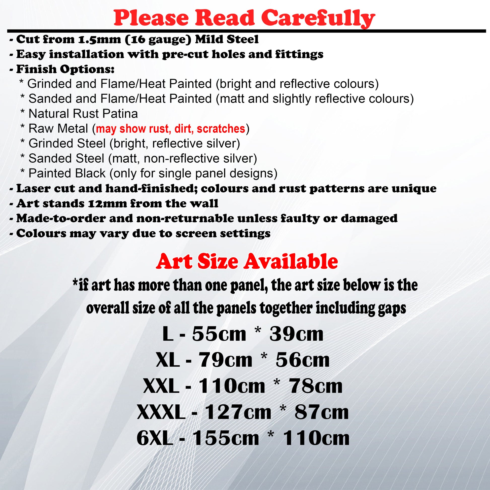 Metal Art Size Guide and art details like Material, finish options, fittings