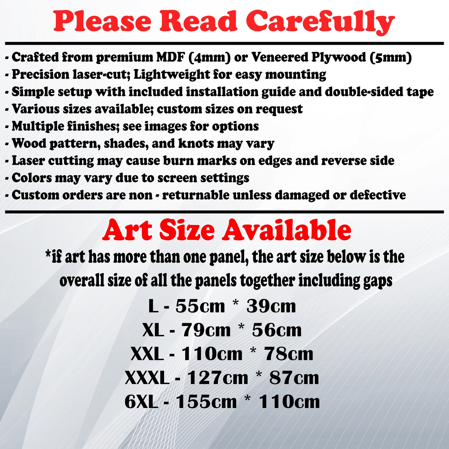 Wooden Art Size Guide and art details, Material, finish options, fittings.