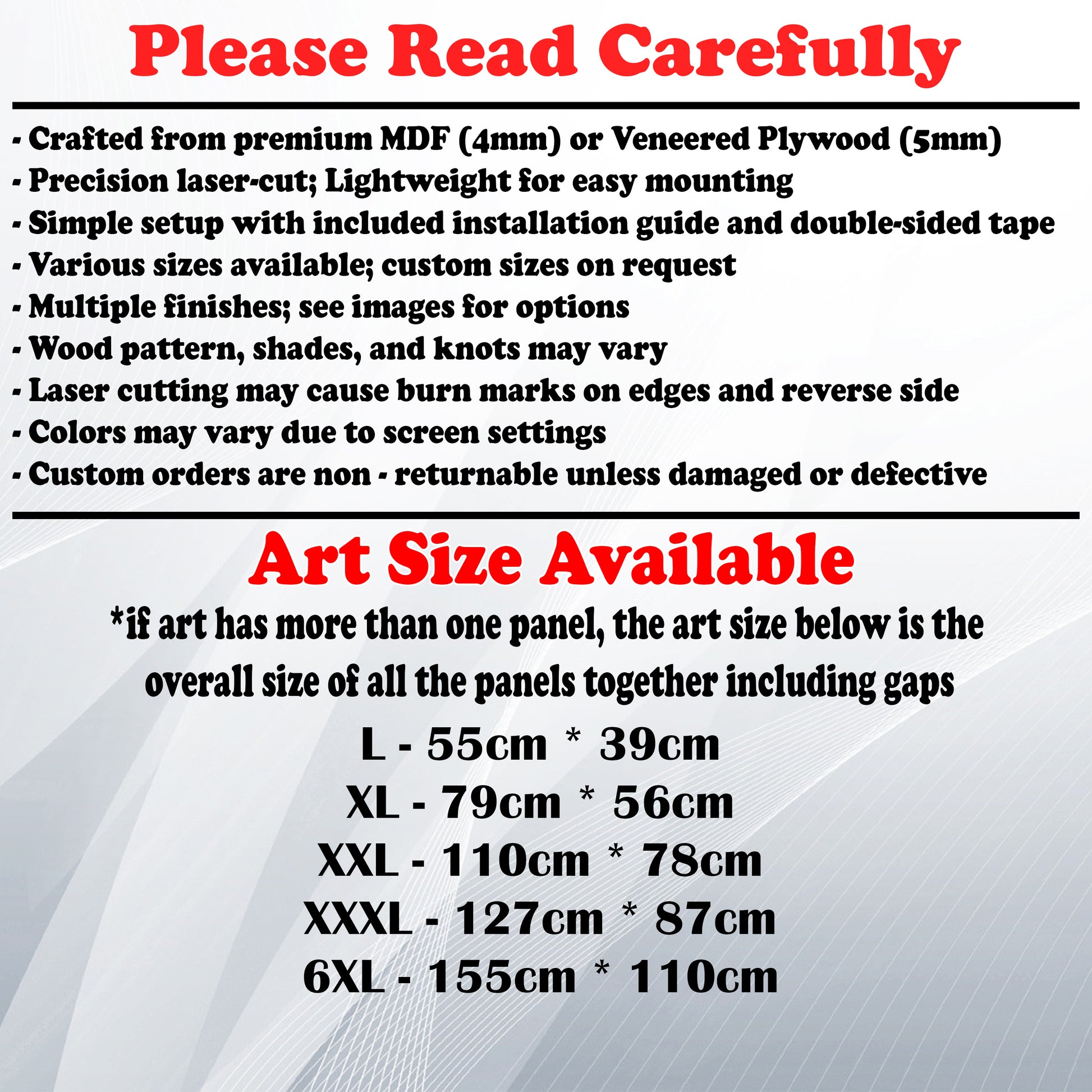 Wooden Art Size Guide and art details, Material, finish options, fittings.
