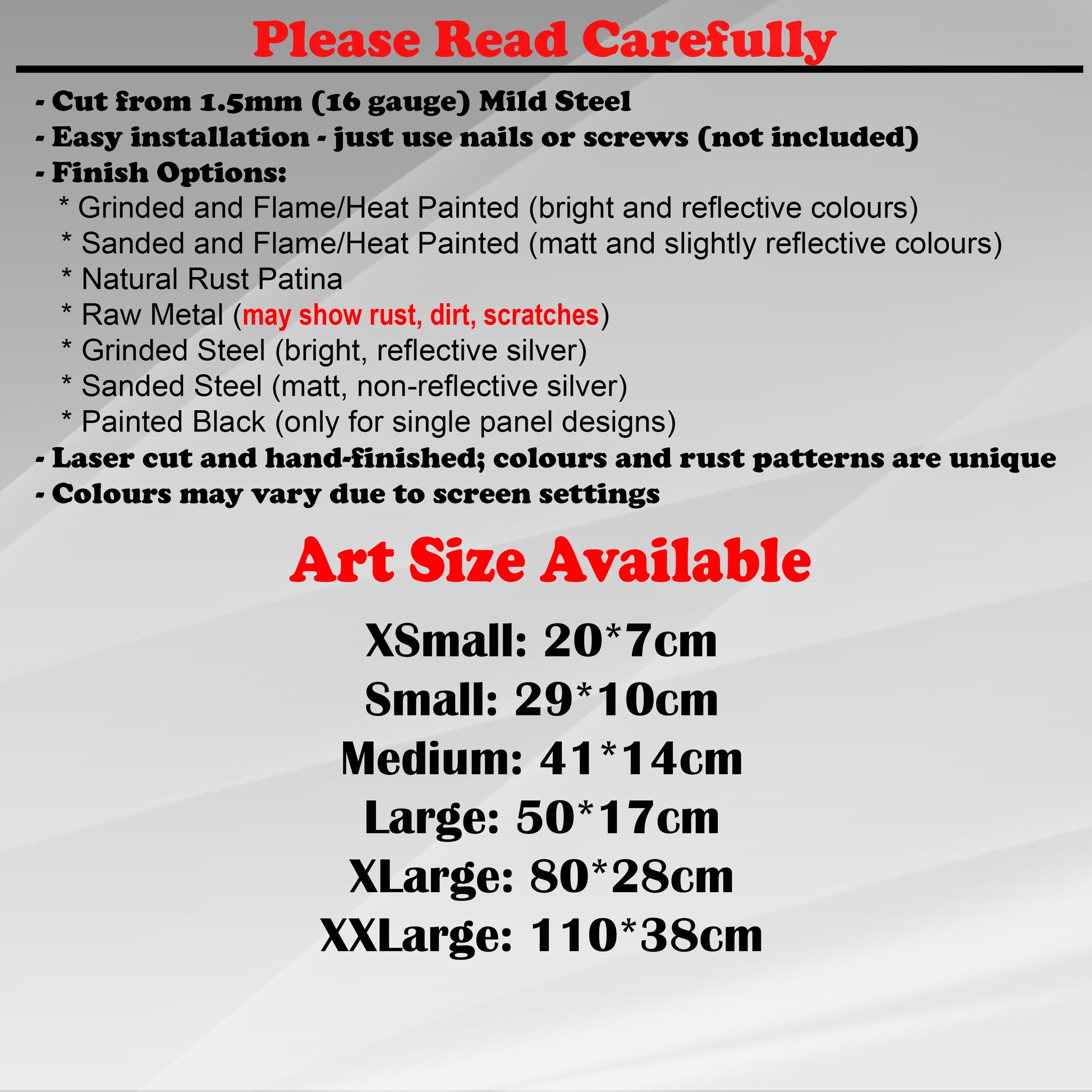 Duke Craft - Metal Garden Art Size Guide and art details, Material, finish options, fittings explained.