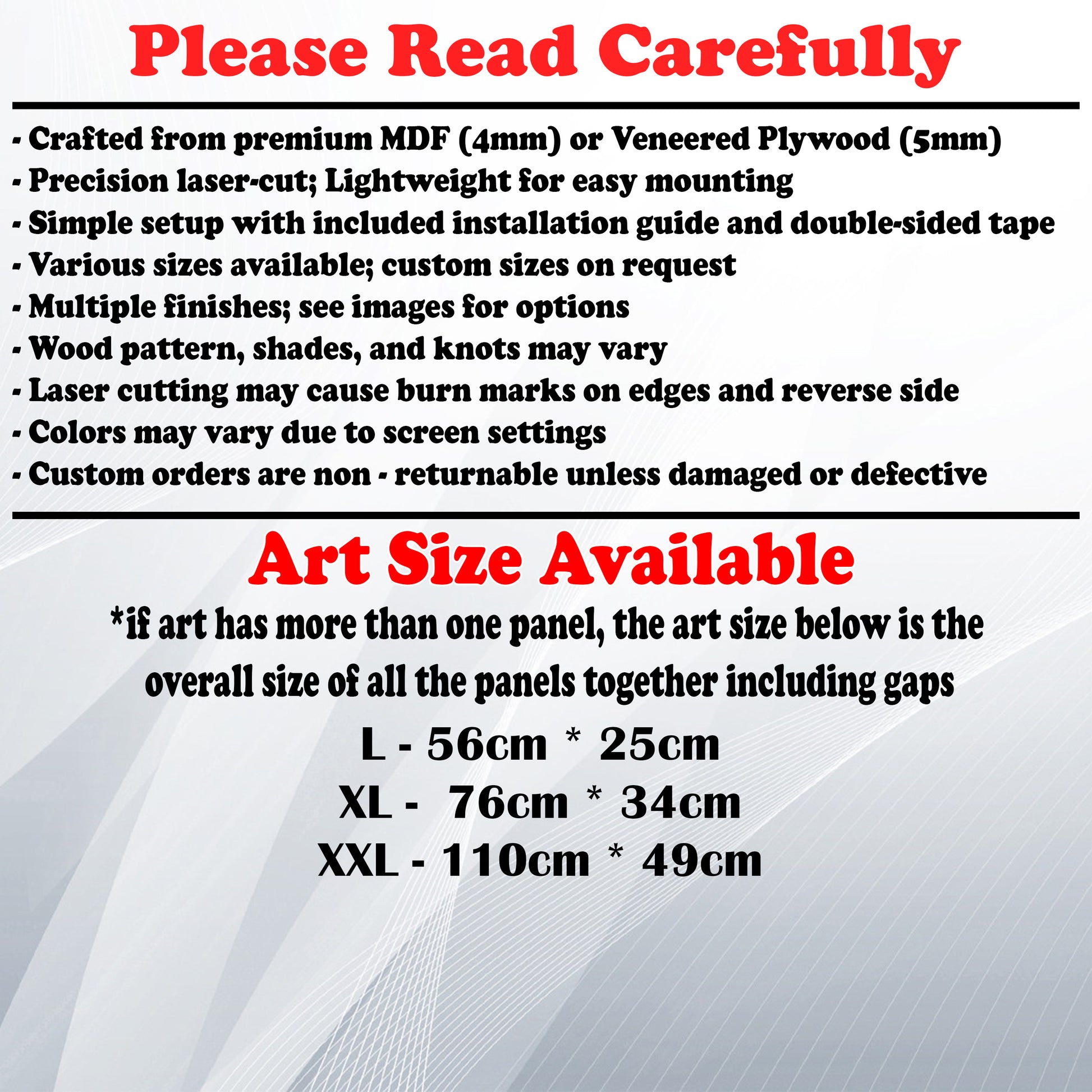 Wooden Art Size Guide and art details, Material, finish options, fittings.
