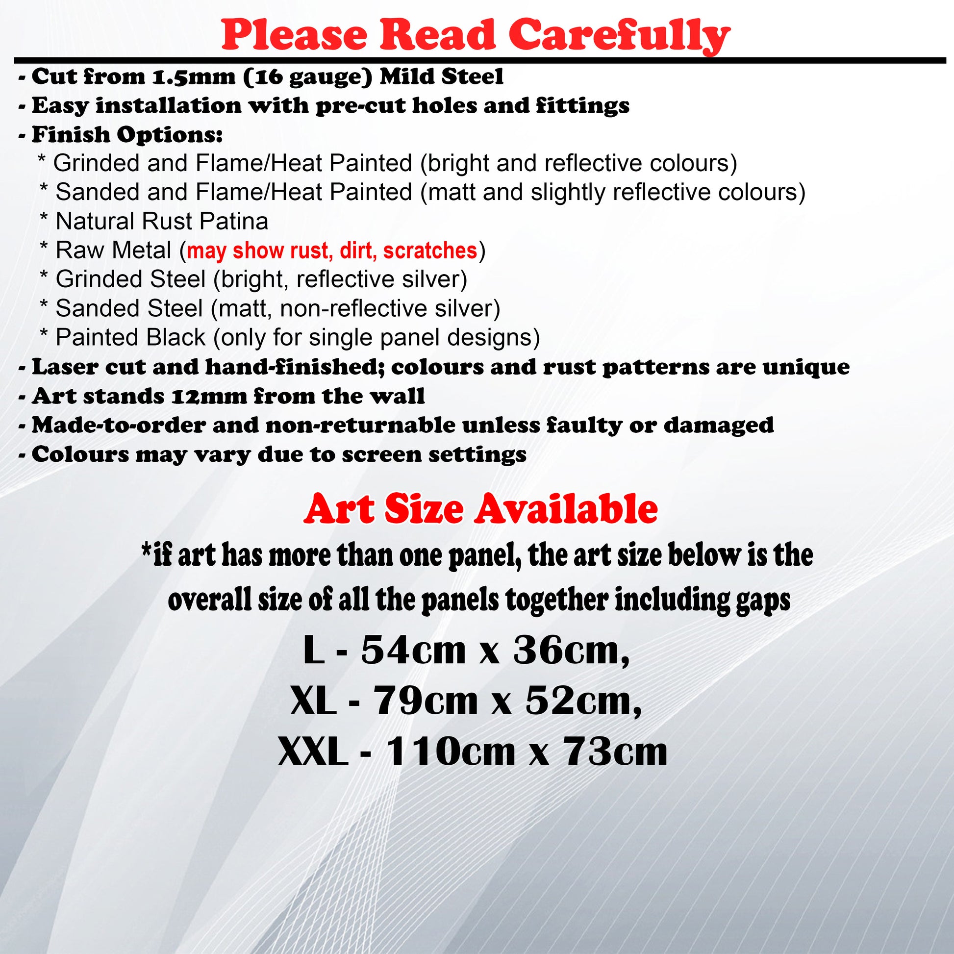 Metal Art Size Guide and art details like Material, finish options, fittings