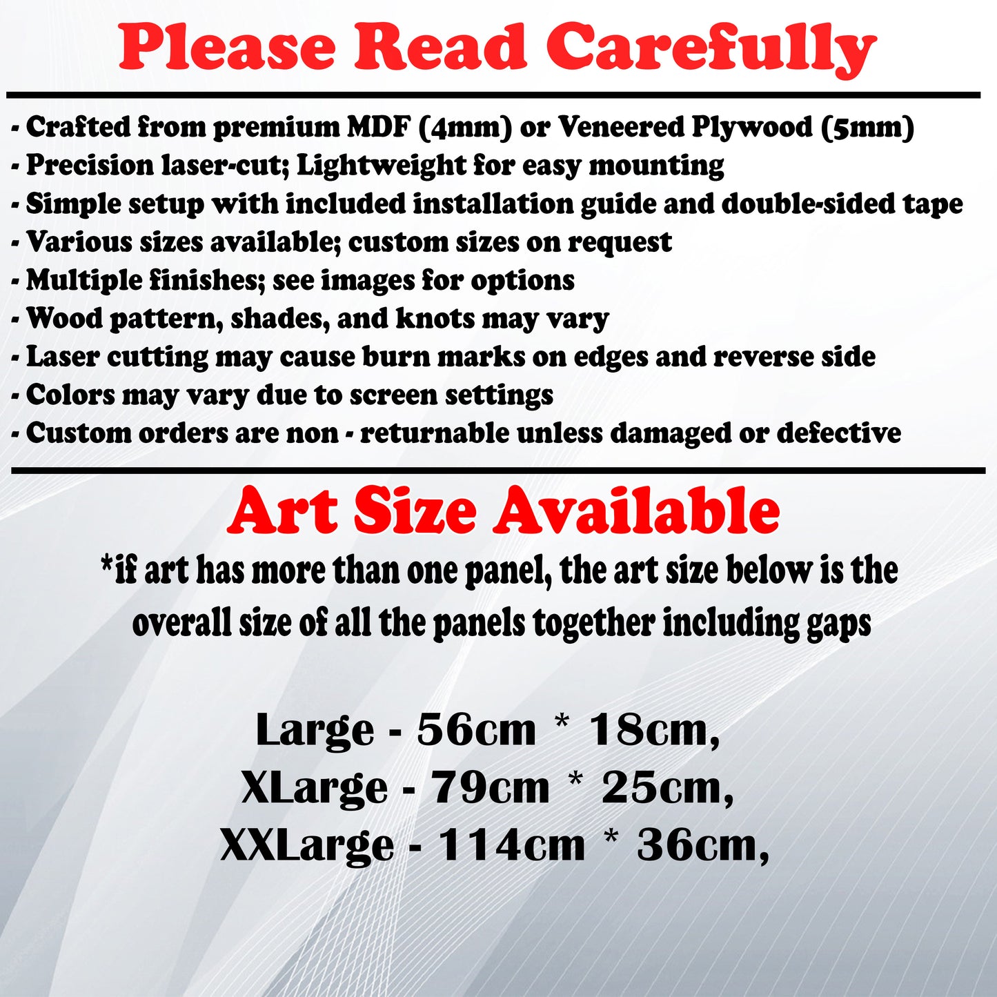 Wooden Art Size Guide and art details, Material, finish options, fittings.