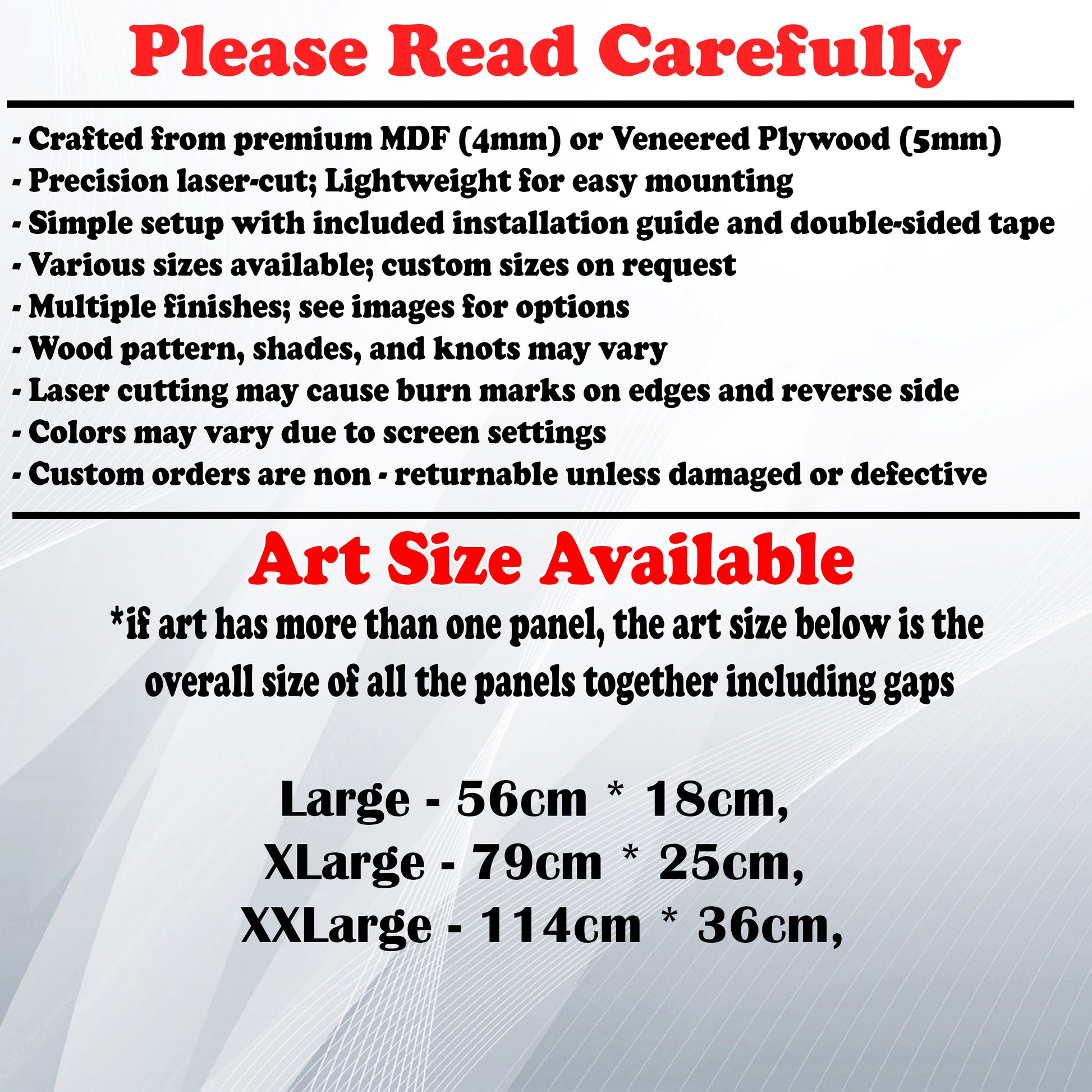Wooden Art Size Guide and art details, Material, finish options, fittings.