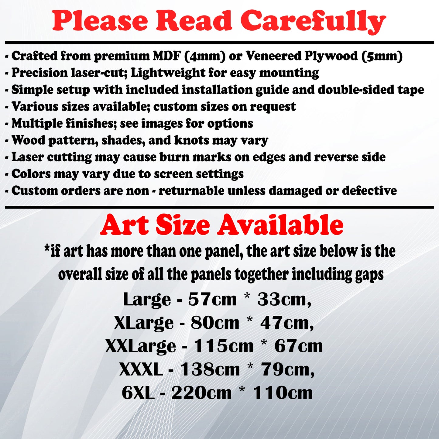 Wooden Art Size Guide and art details, Material, finish options, fittings.