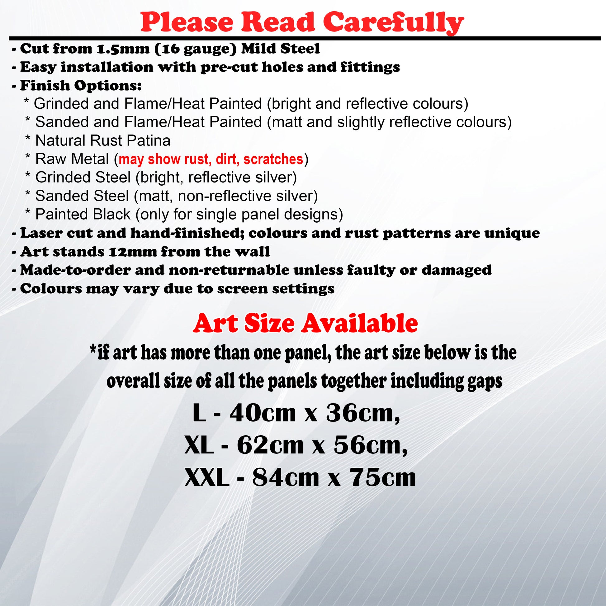 Metal Art Size Guide and art details like Material, finish options, fittings
