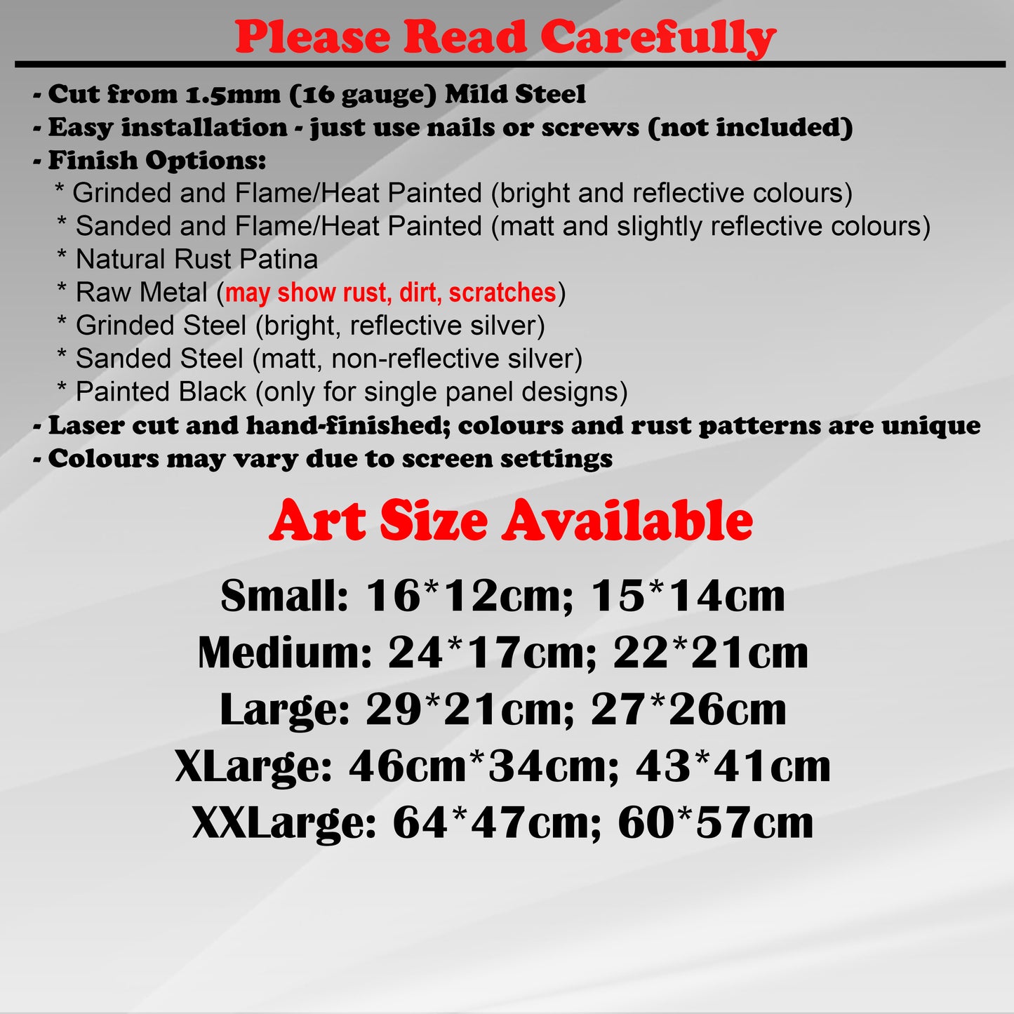 Duke Craft - Metal Garden Art Size Guide and art details, Material, finish options, fittings explained.