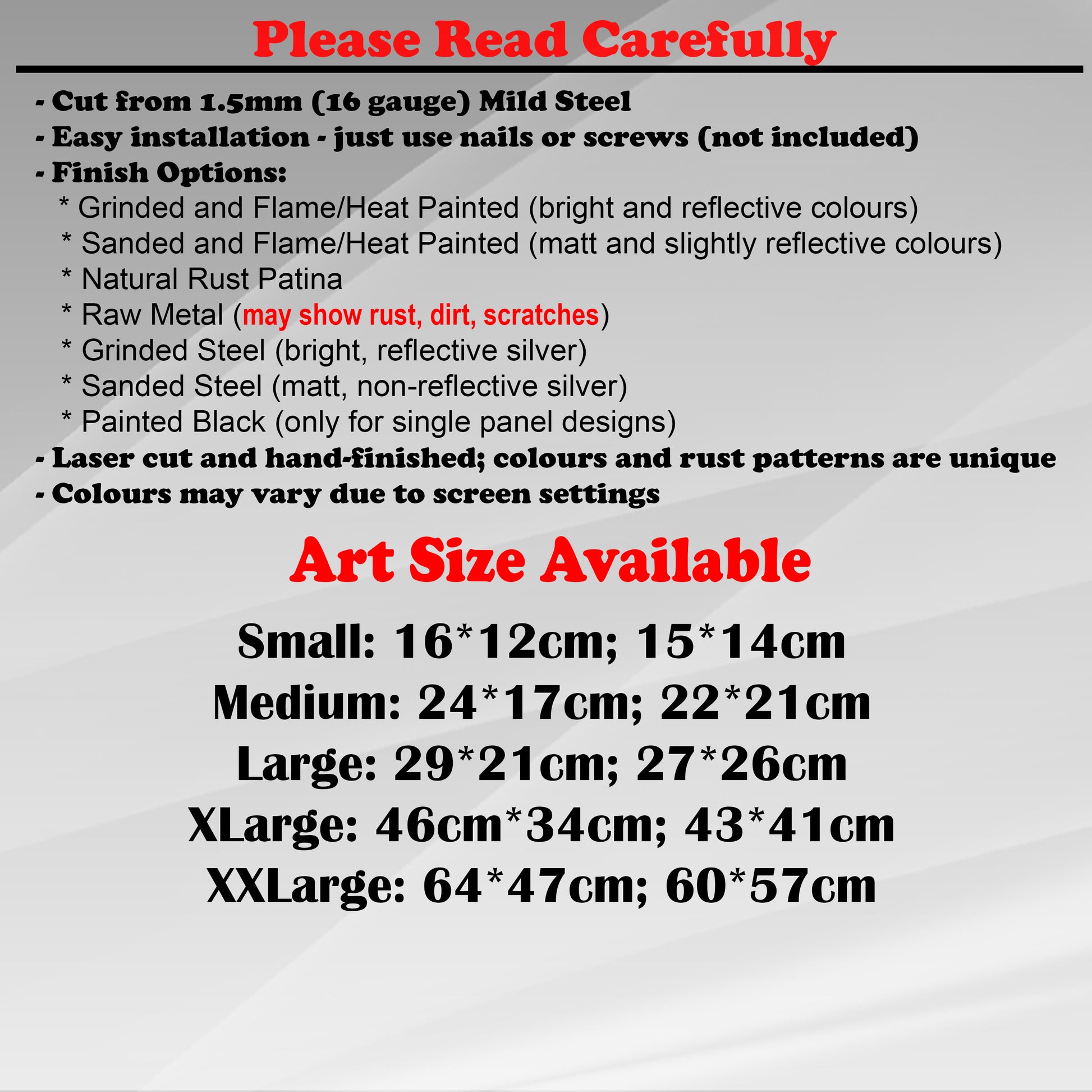 Duke Craft - Metal Garden Art Size Guide and art details, Material, finish options, fittings explained.