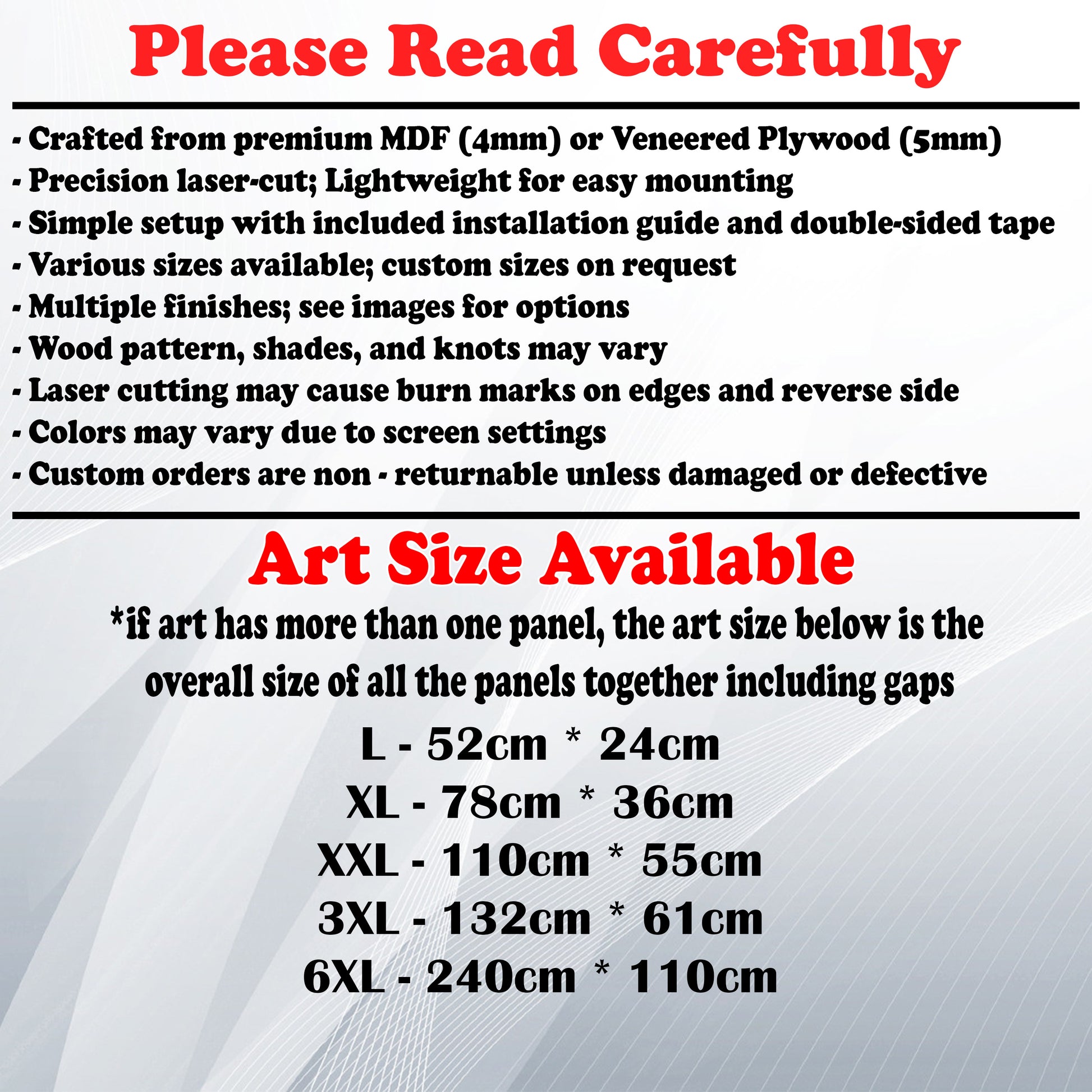 Wooden Art Size Guide and art details, Material, finish options, fittings.