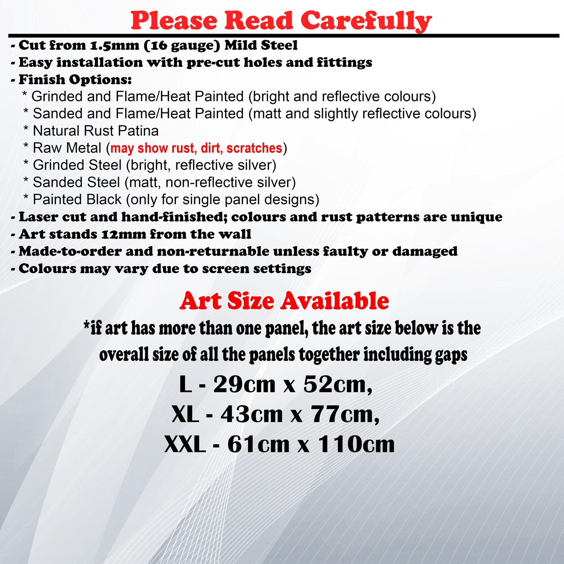 Metal Art Size Guide and art details like Material, finish options, fittings