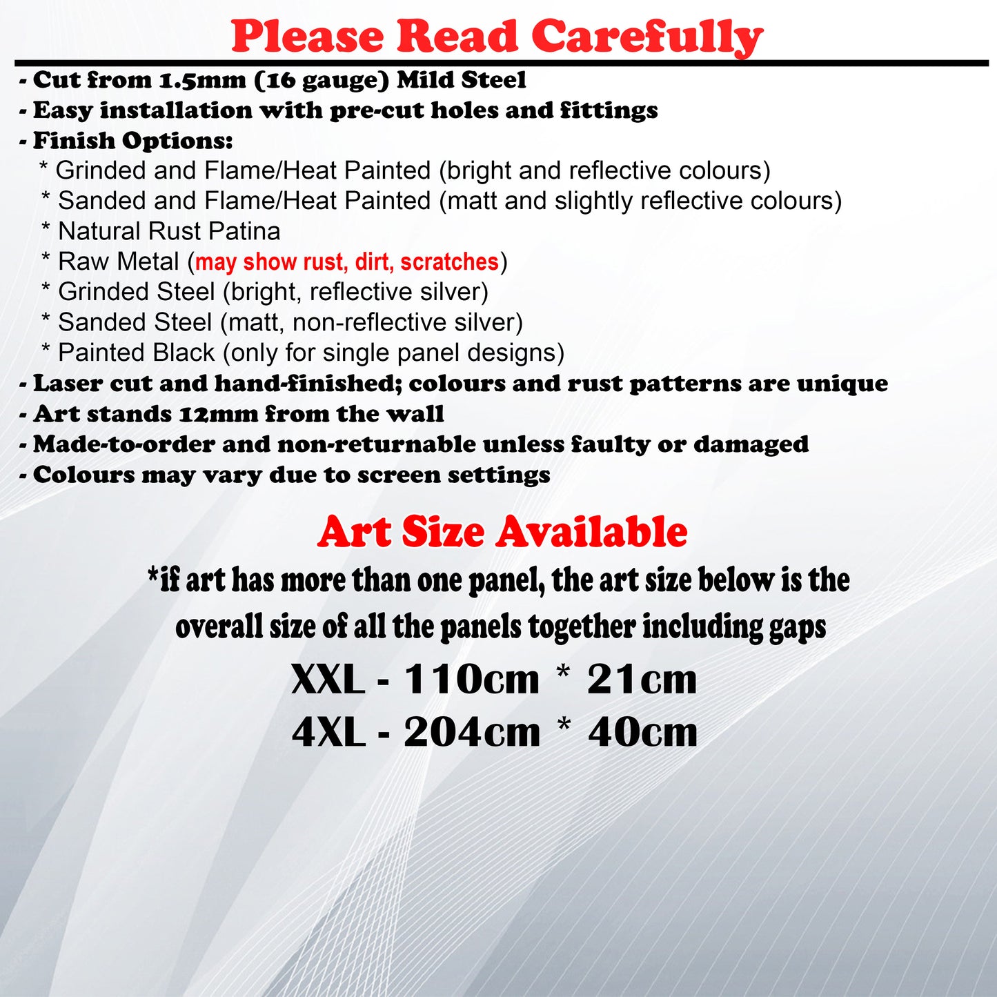 Metal Art Size Guide and art details like Material, finish options, fittings