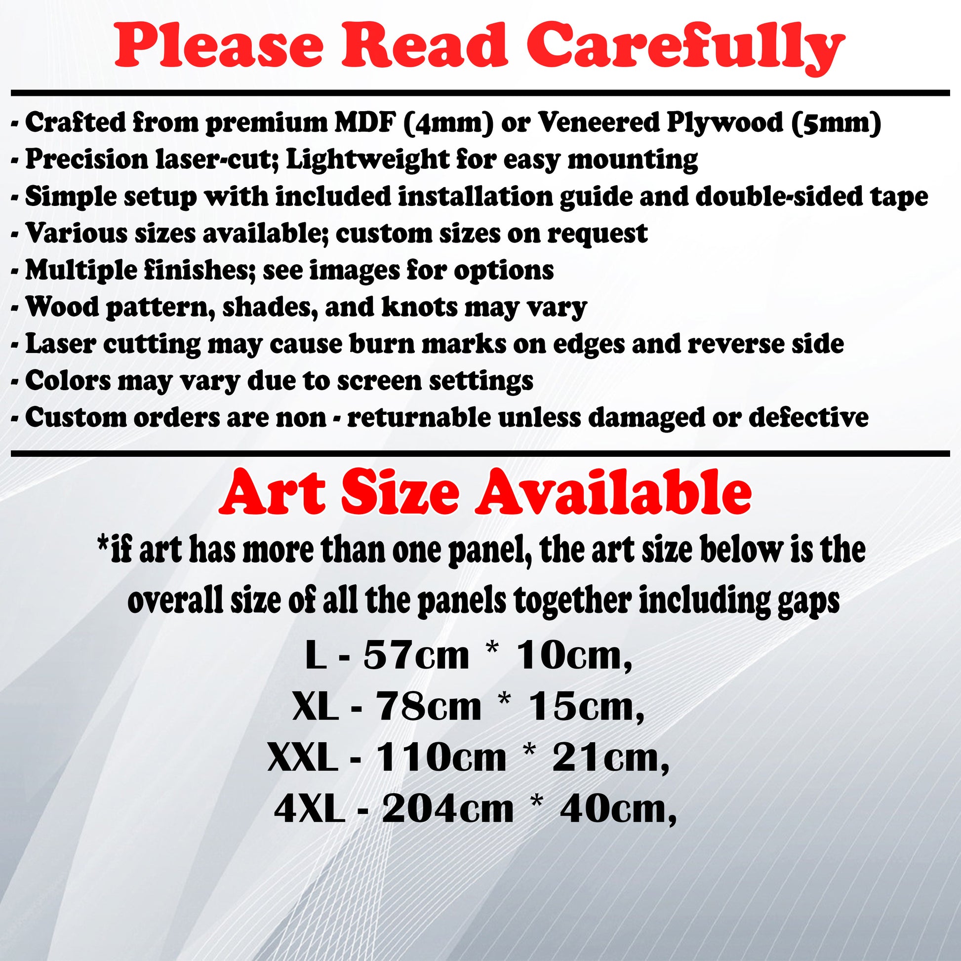 Wooden Art Size Guide and art details, Material, finish options, fittings.